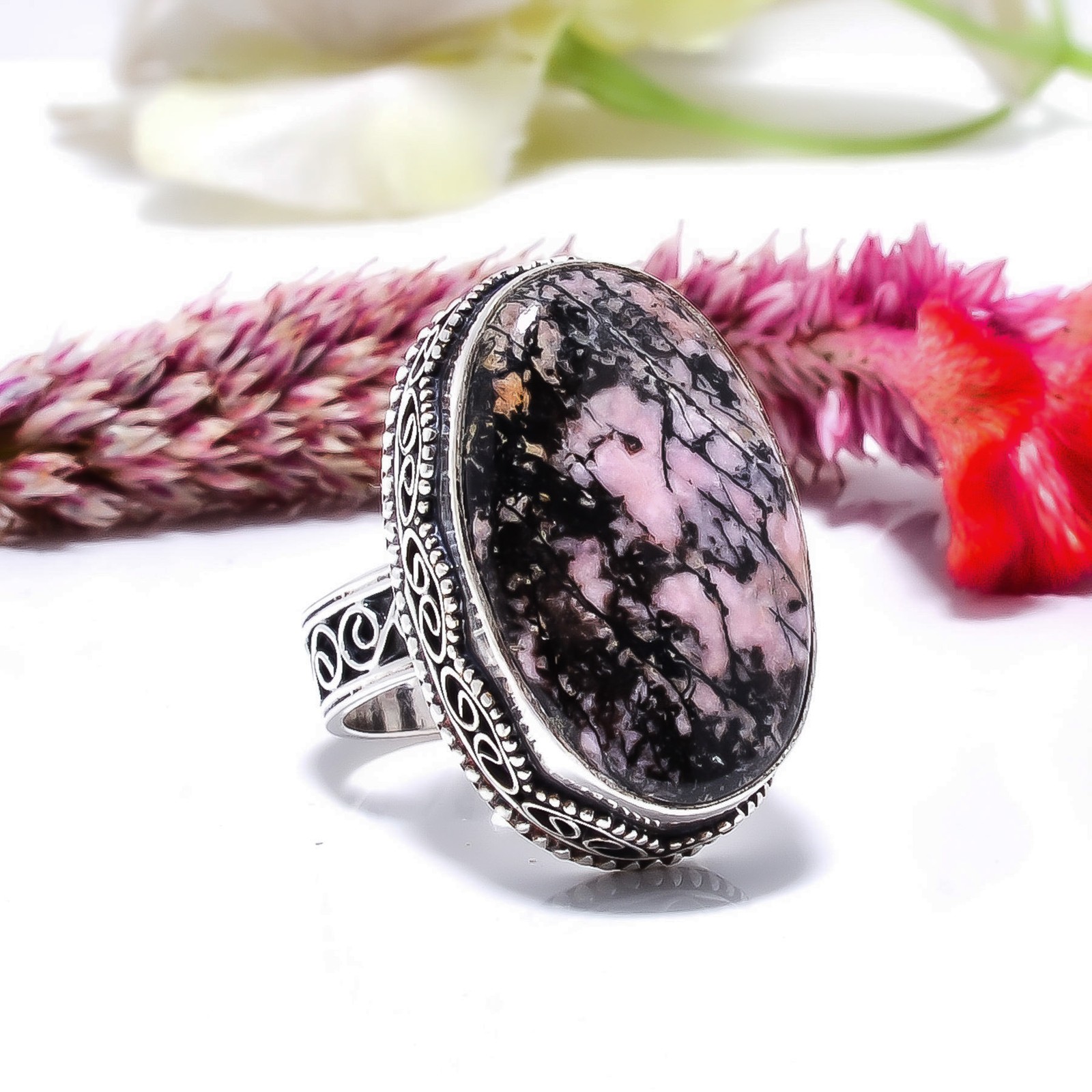 Black Manganese In Rhodonite – Colorado Oxidised 925 Sterling Silver Ring S.8 R0