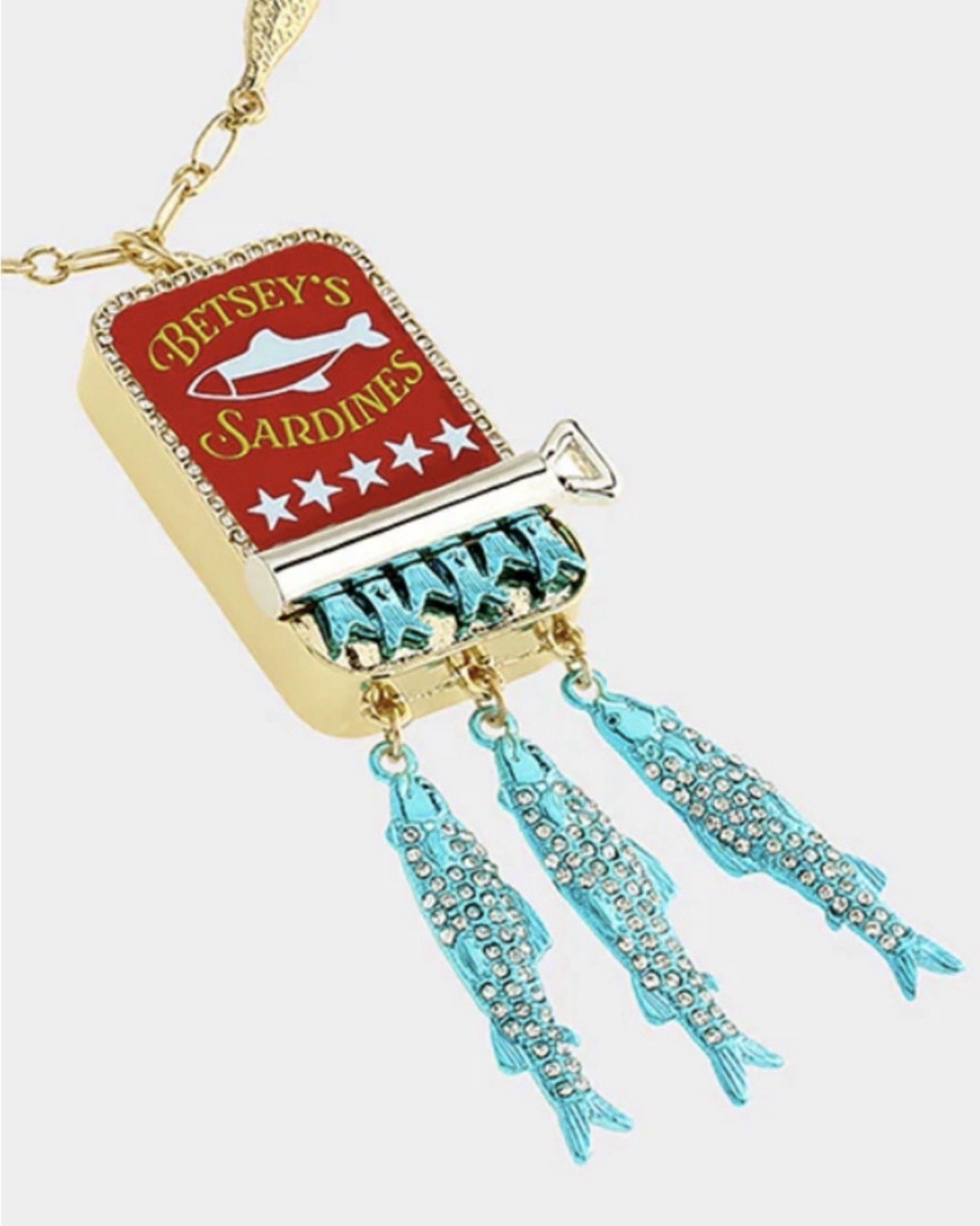 BETSEY JOHNSON SARDINES CAN CHARM PENDANT NECKLACE GOLD RED BLUE CRYSTAL – NWT