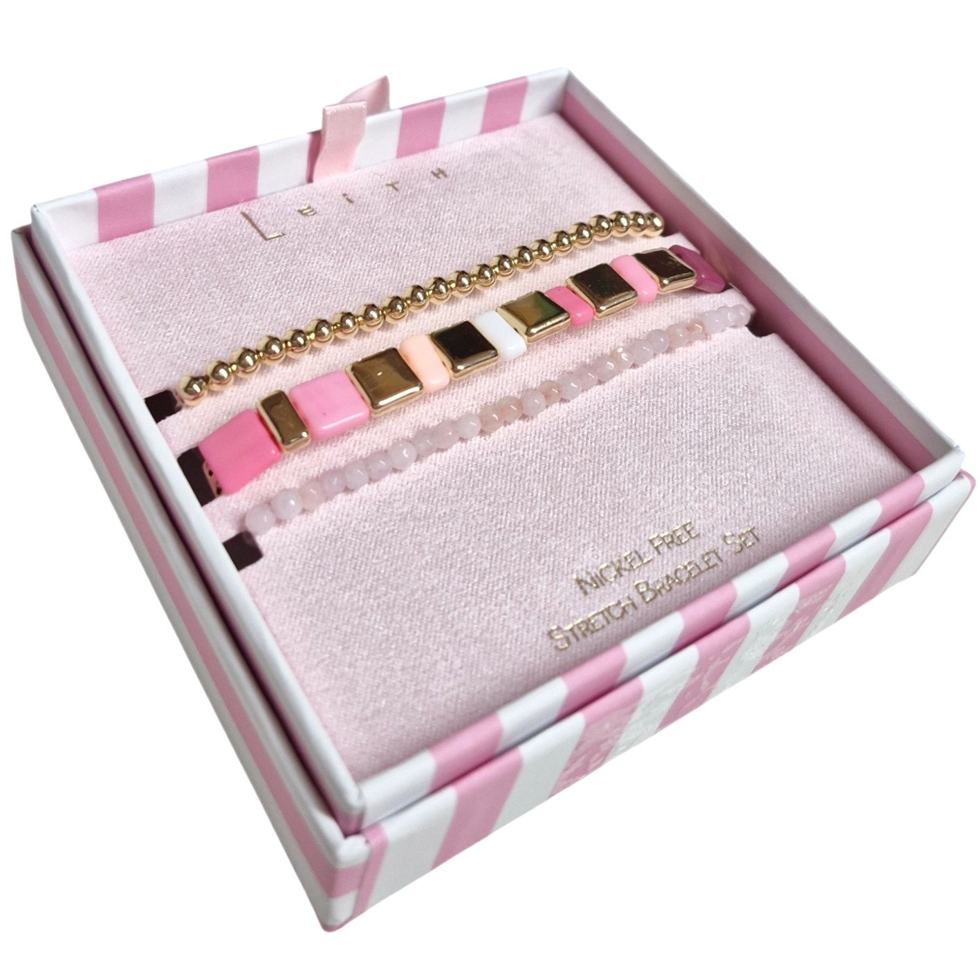 Leith Layered Stretch Bracelet Set of Three Pink White Goldtone Multi-Color NIB