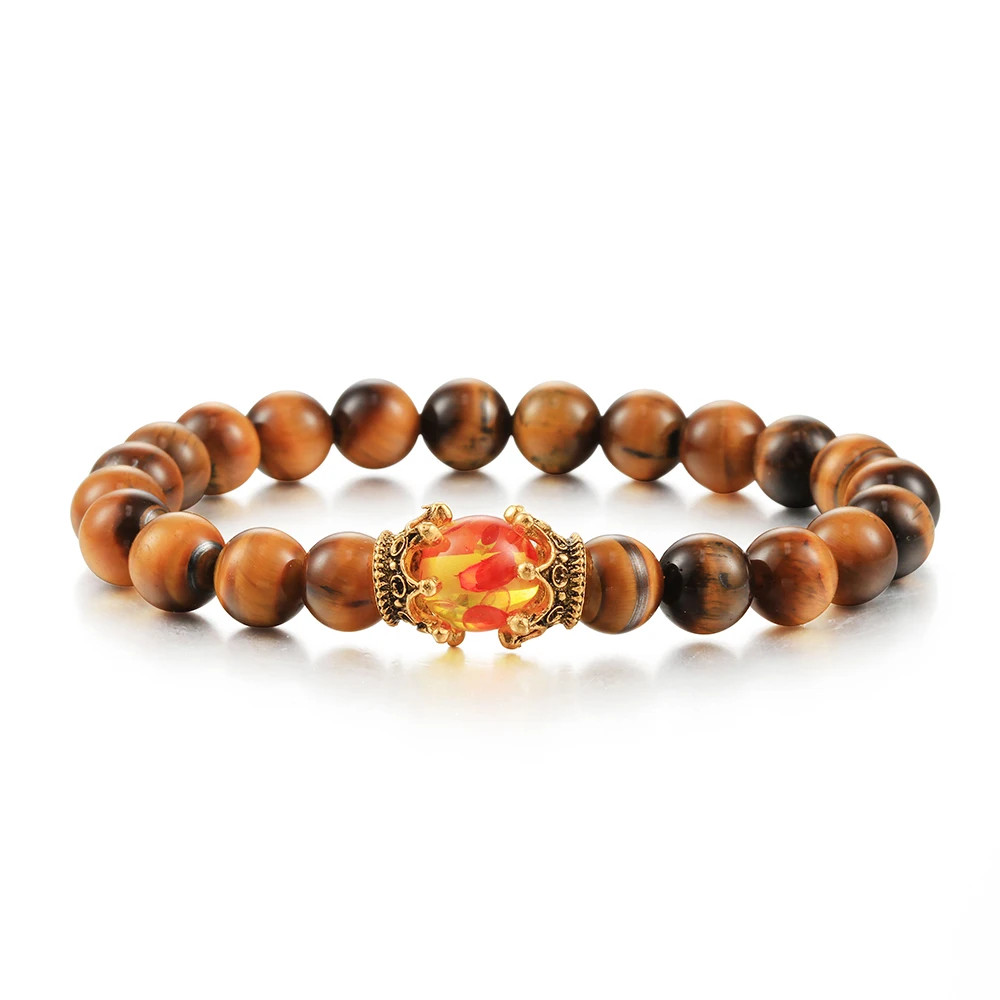 Handmade Adjustable Braided Bracelet Black Lava Stone Crown Tiger Eye Beads