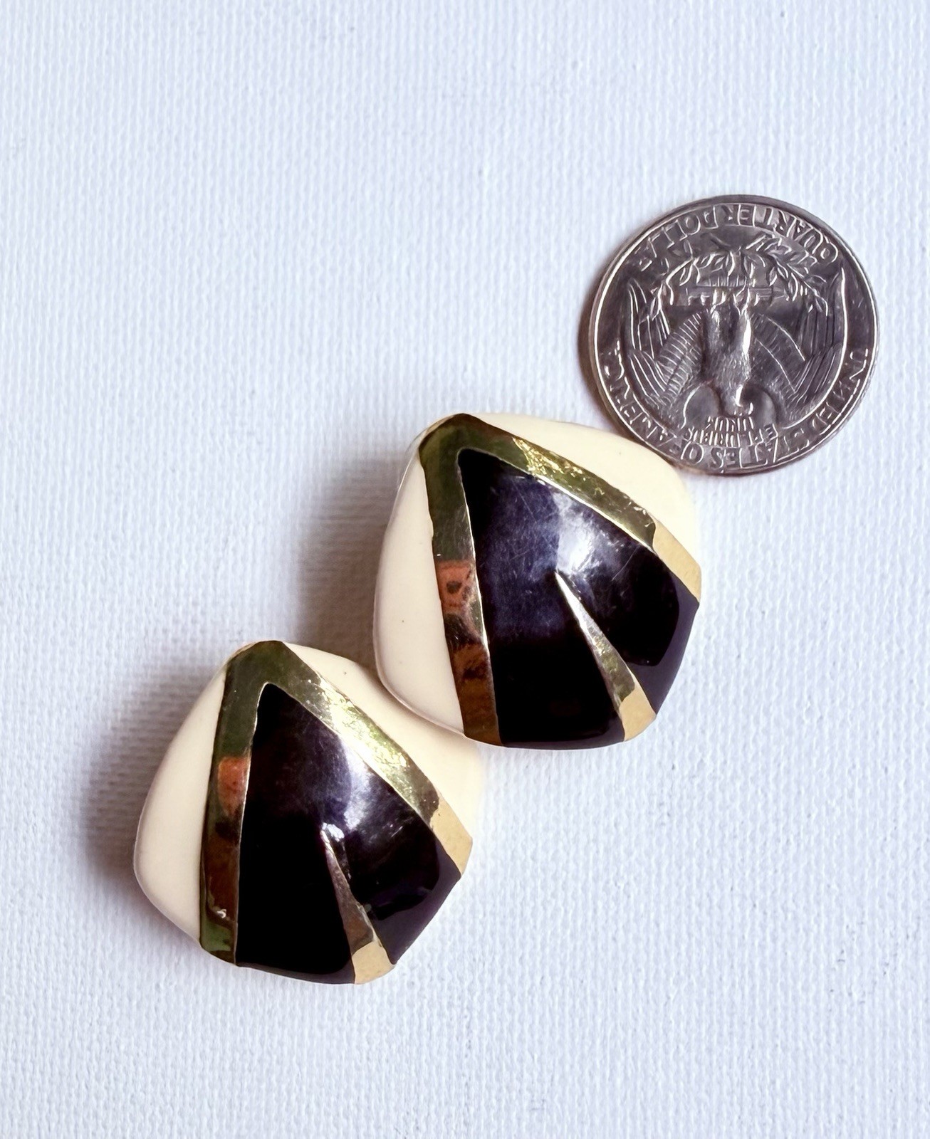 Vintage Gold Tone Enamel Earrings Lot 2 Pairs Pierced & Clip On Ivory Black