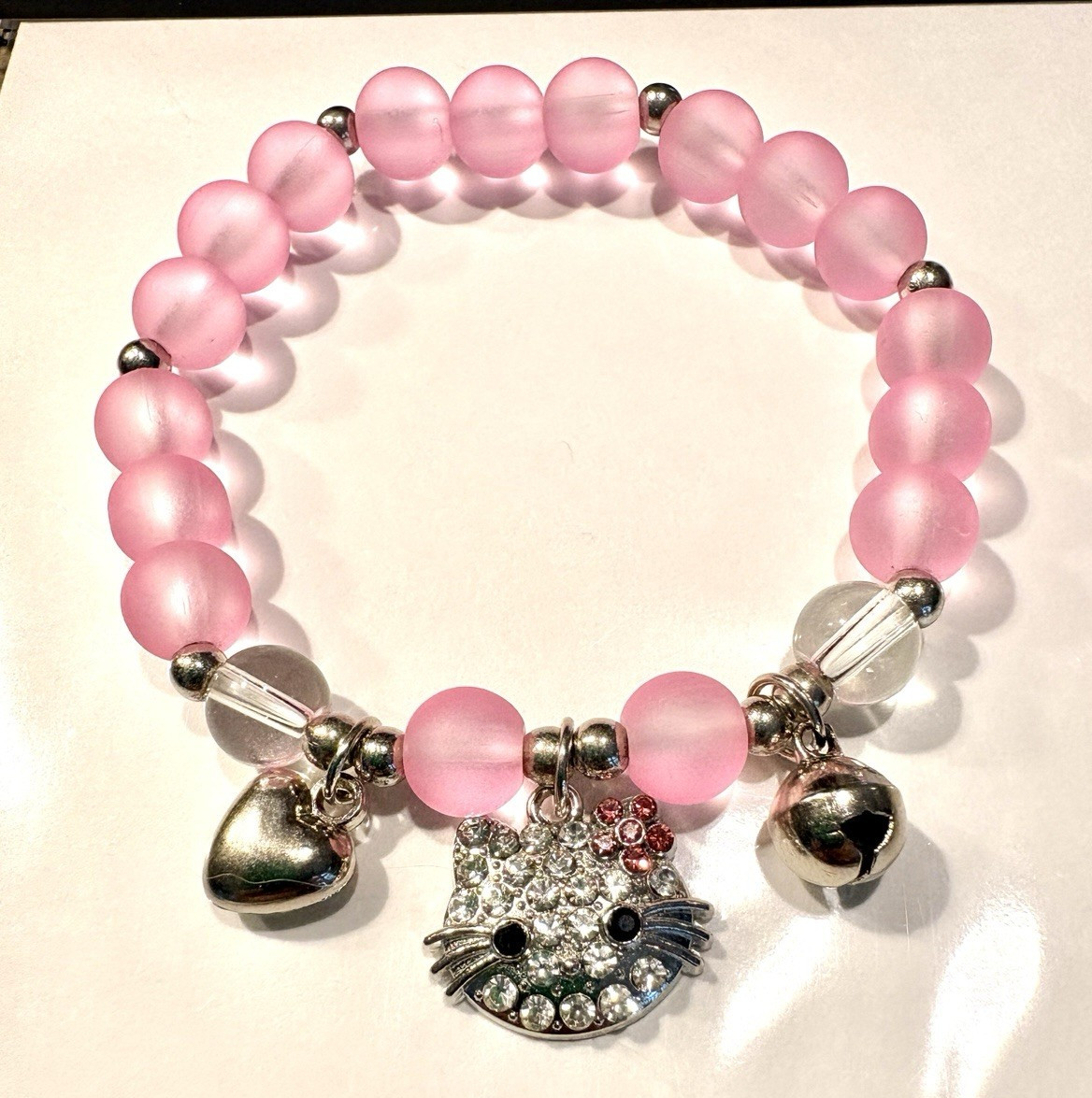 Pink & Silver Beaded Charm Bracelet Cat handmade Heart Bell Dangle kitty hello