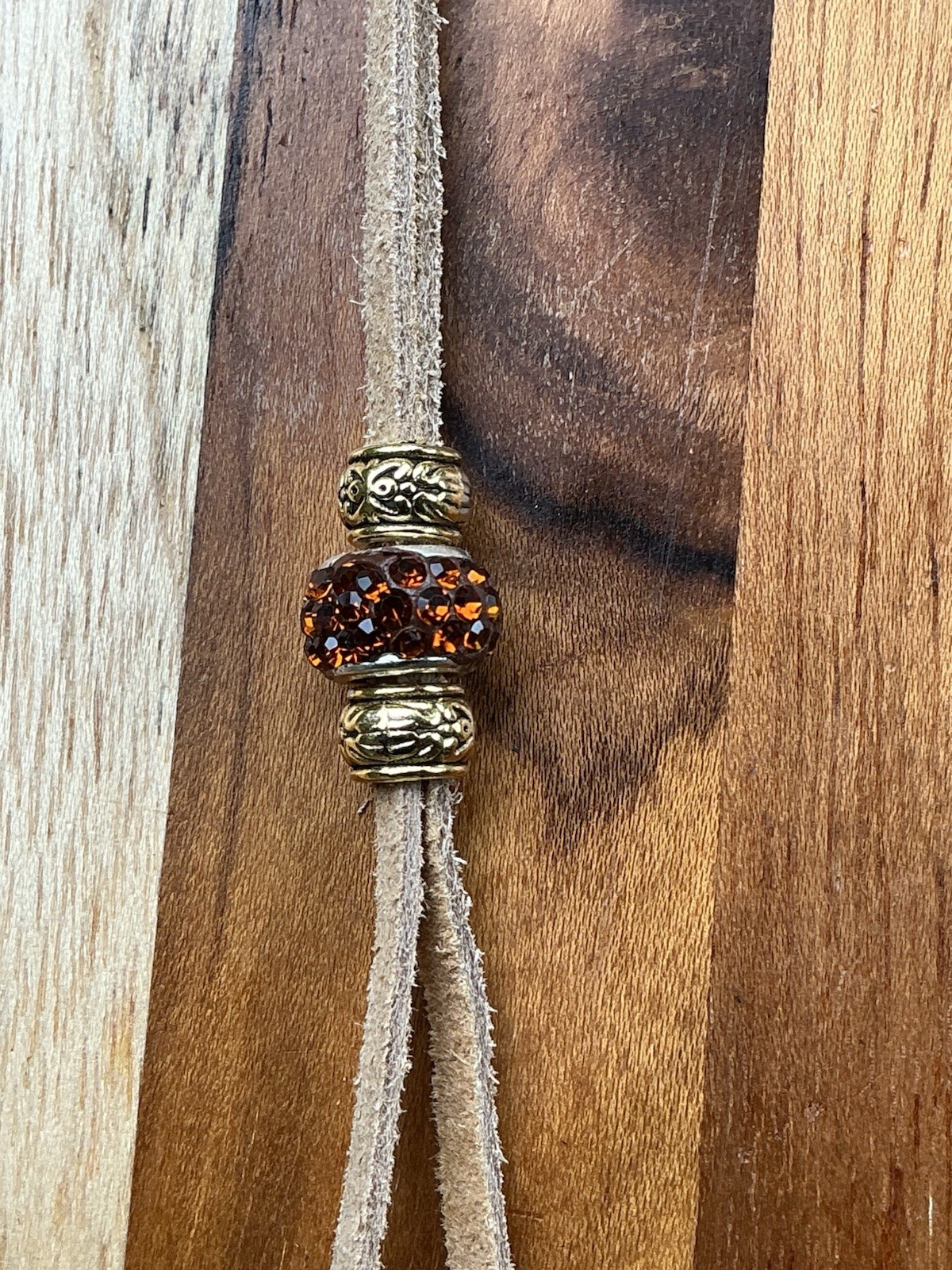 Western Beaded Bolo Necklace, Brown Glass Beads Leather Cord