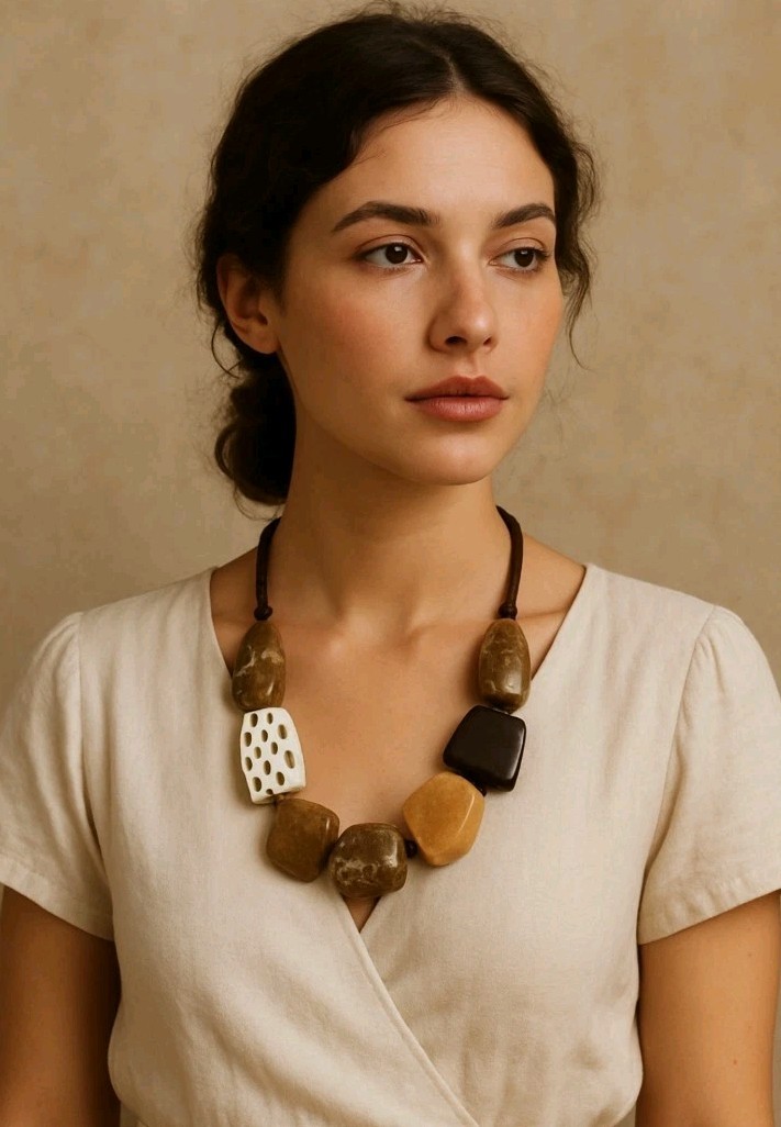 Retro Bohemian Necklace Brown Beaded Tan Earth Style