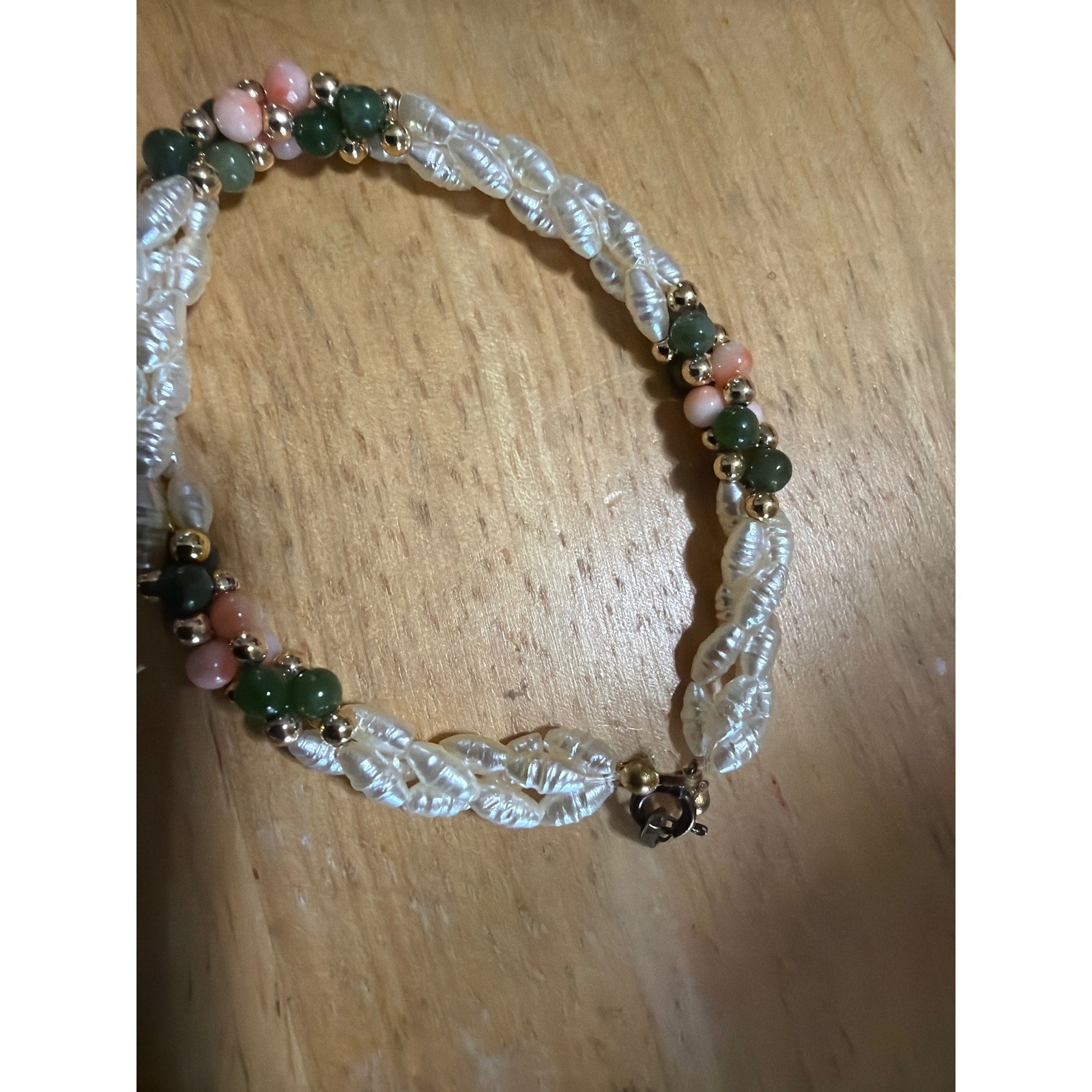 Twisted Rice Pearl Necklace Bracelet Set Green Jade Pink Coral Beads Fariy Boho