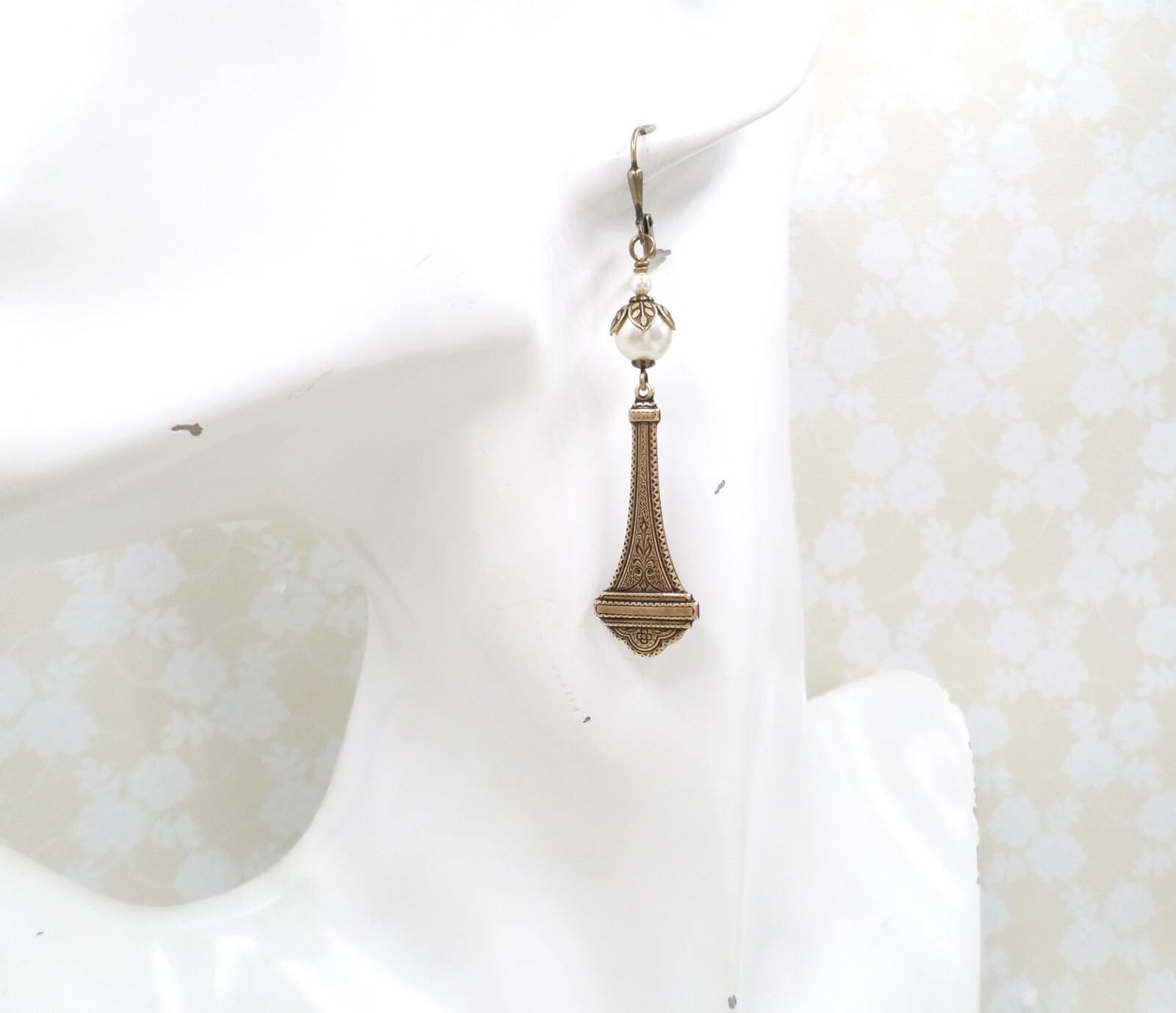 Brass Victorian Style Earrings, Cream Faux Pear Handmade Wedding Jewelry