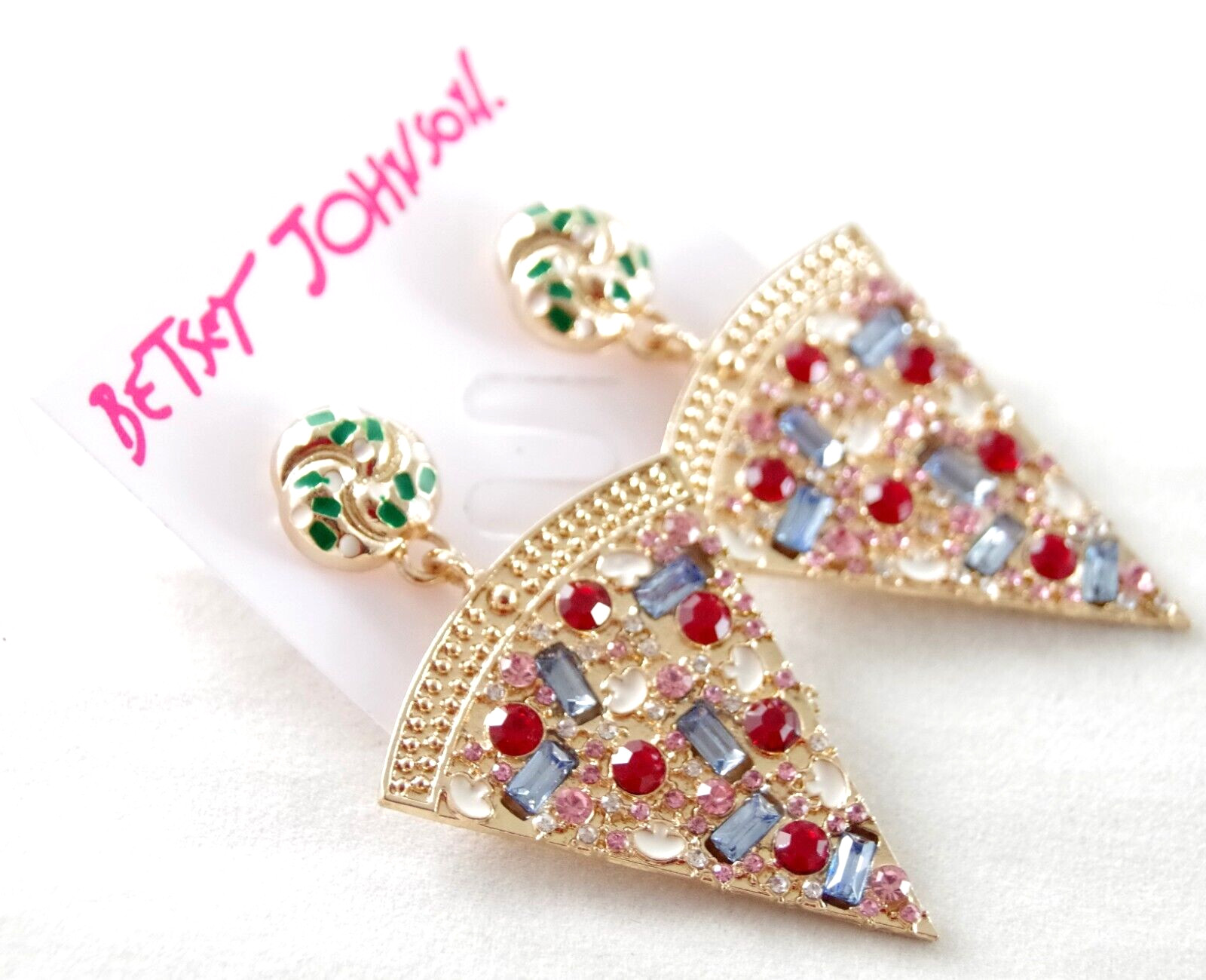 2.25″ BETSEY JOHNSON PIZZA SLICE CRYSTAL RHINESTONE/ ENAMEL DROP DANGLE EARRINGS