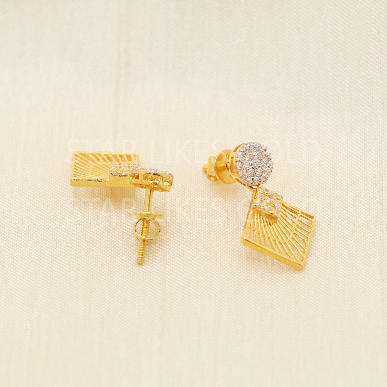 Solid 22k Yellow Gold CZ Geometric Fan Drop Earrings Two-Tone Jali Dangle