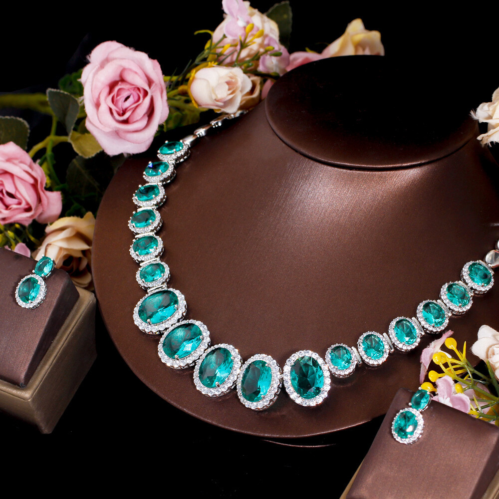 Gorgeous Big Green Oval Necklace Earrings Silver Plated Zircon Women Jewelry Set