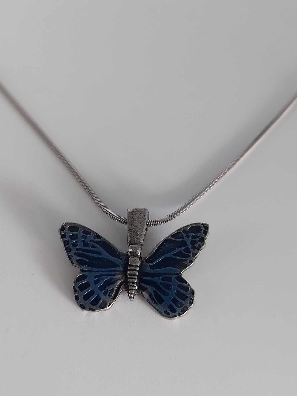Danforth Pewter Blue Butterfly Pendant Necklace .925 Chain 17”