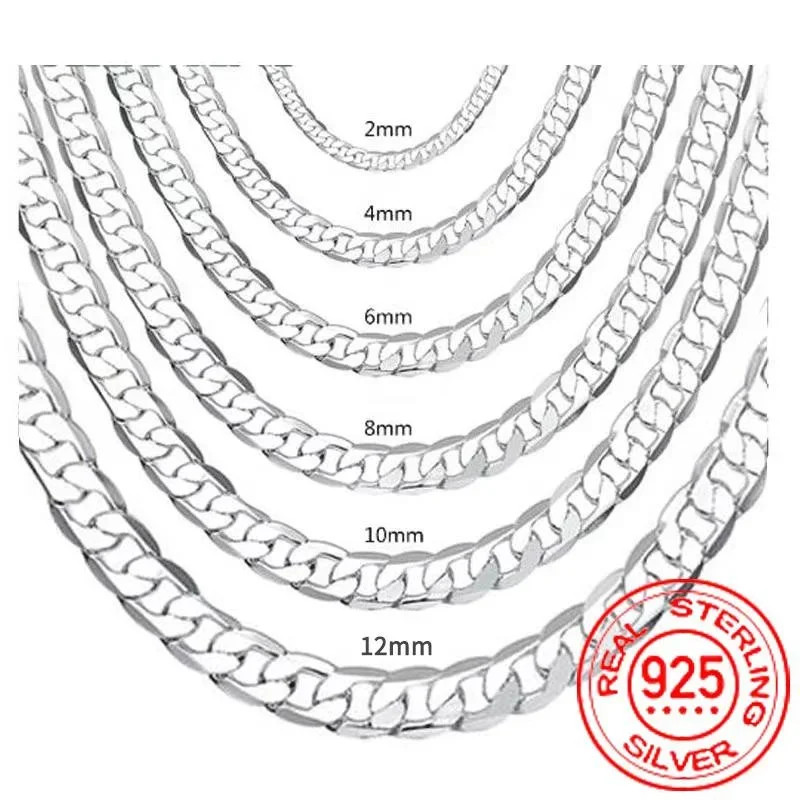 Mens 925 Sterling Silver Necklace 2/4/6/8/10/12MM 40-75cm Chain Necklace
