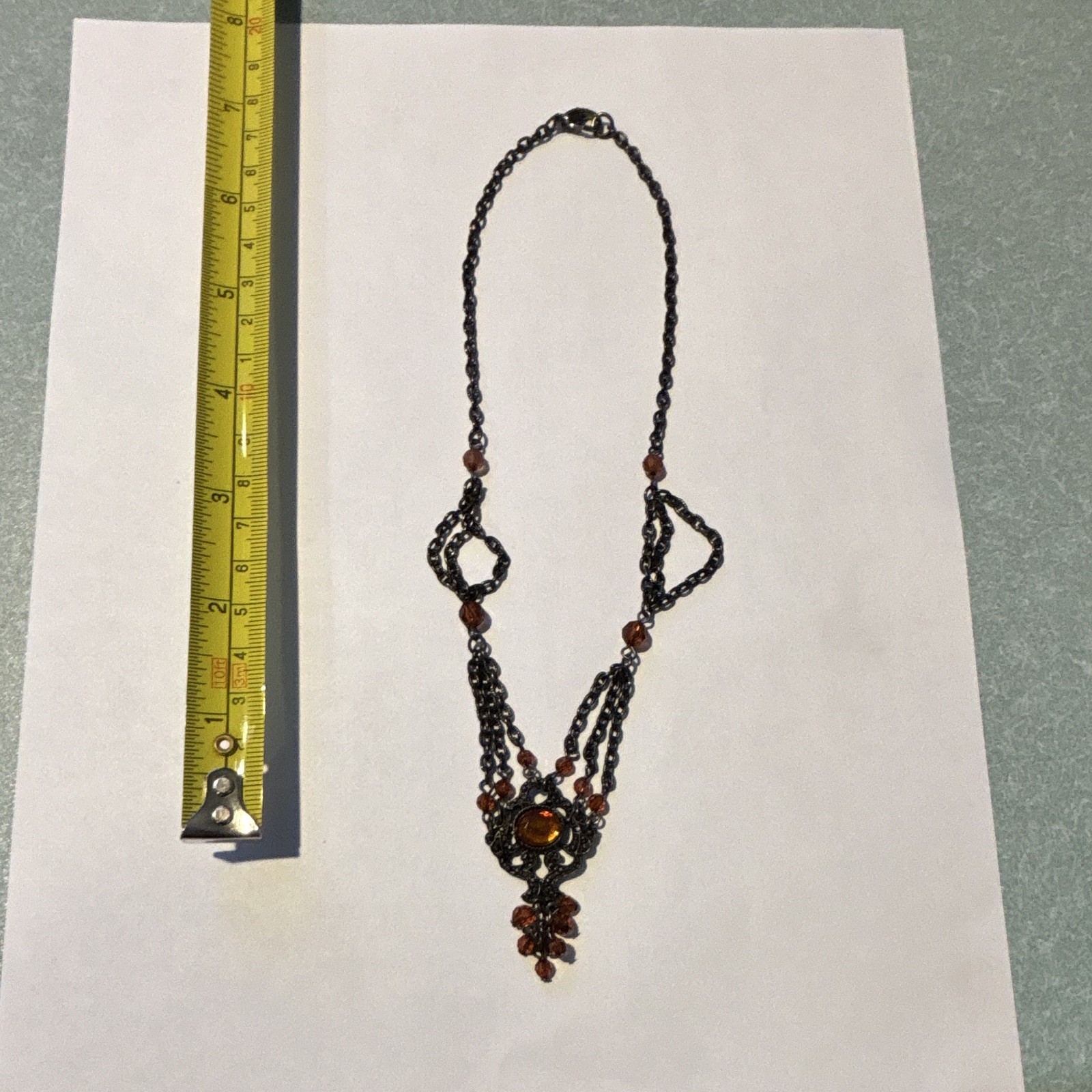 Black Metal Oval Charm Pendant Necklace 18in Cable Chain Lobster Amber Beads