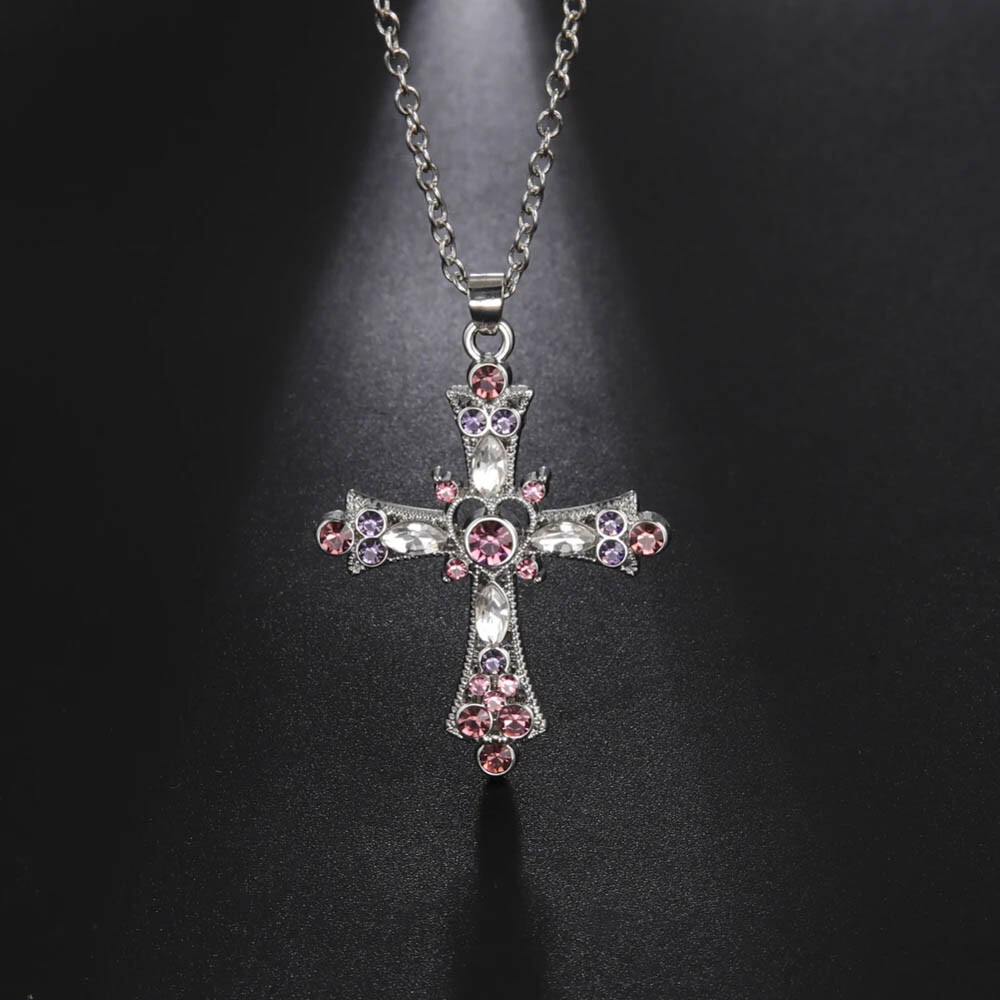 Sparkling Crystal Cross Pendant Necklace – Zinc Alloy, 18″ Chain, 2 Colors