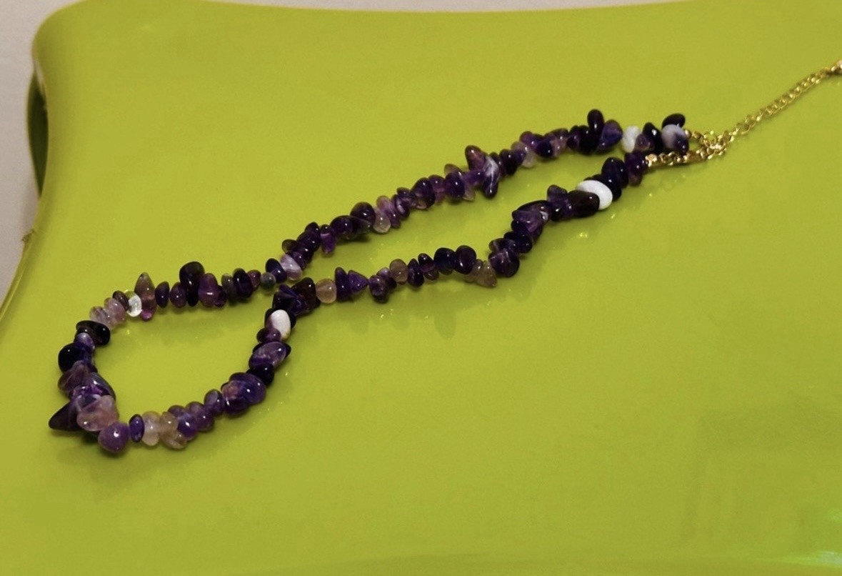 Purple Amethyst Chip Beaded Gemstone Necklace Adjustable Lobster Clasp Gold Tone