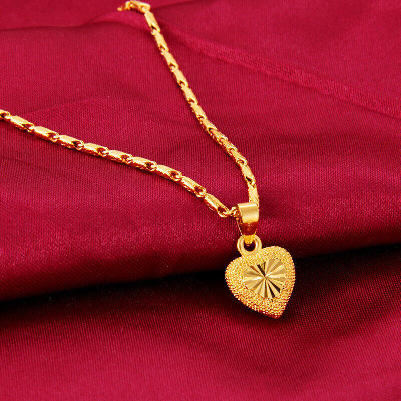Women Girl Heart 22K 23K 24K THAI BAHT YELLOW GP GOLD NECKLACE Jewelry New