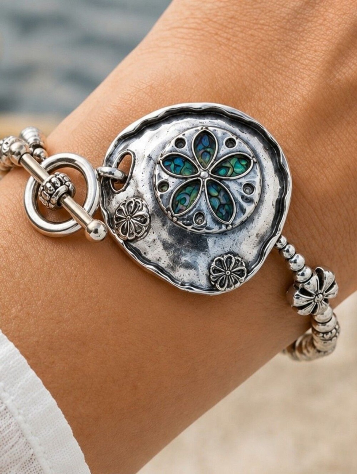 Abalone Shell Toggle Bracelet Coastal Beach Stretch Silver Tone Artisan Style