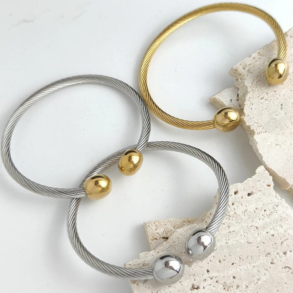Unisex Stainless Steel Braided Open Cuff Bracelet Gold Silver Ball