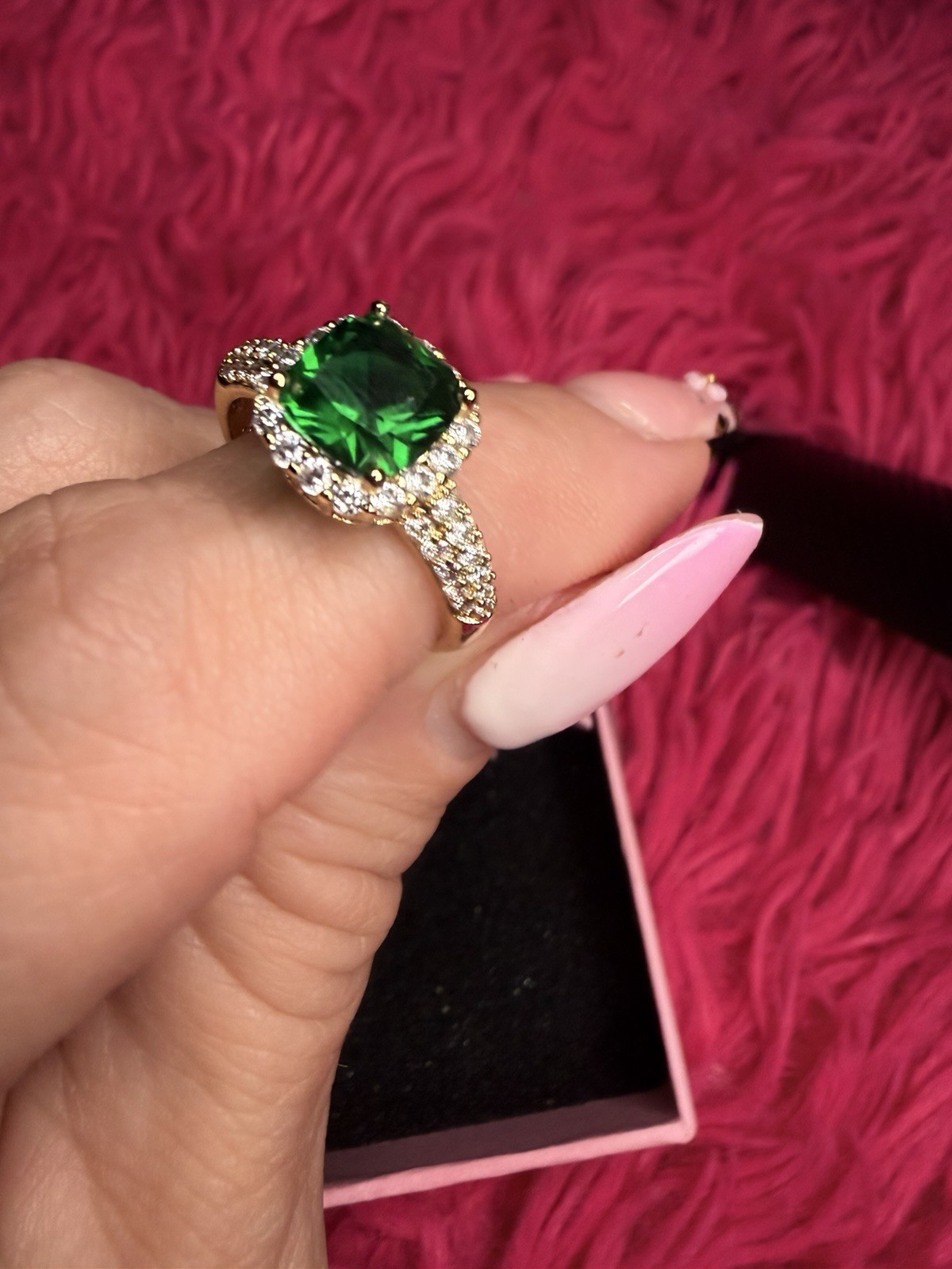 Gold Filled Emerald Green Halo Ring AAA CZ Cushion Cut Size 6