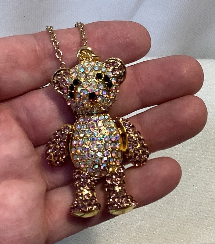 Adorable Gold Tone & Pink Rhinestone Articulated Teddy Bear Necklace & Earrings
