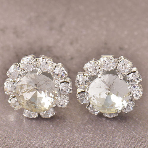 New Silver Plated Clear White Crystal Round Flower Button Style Stud Earrings