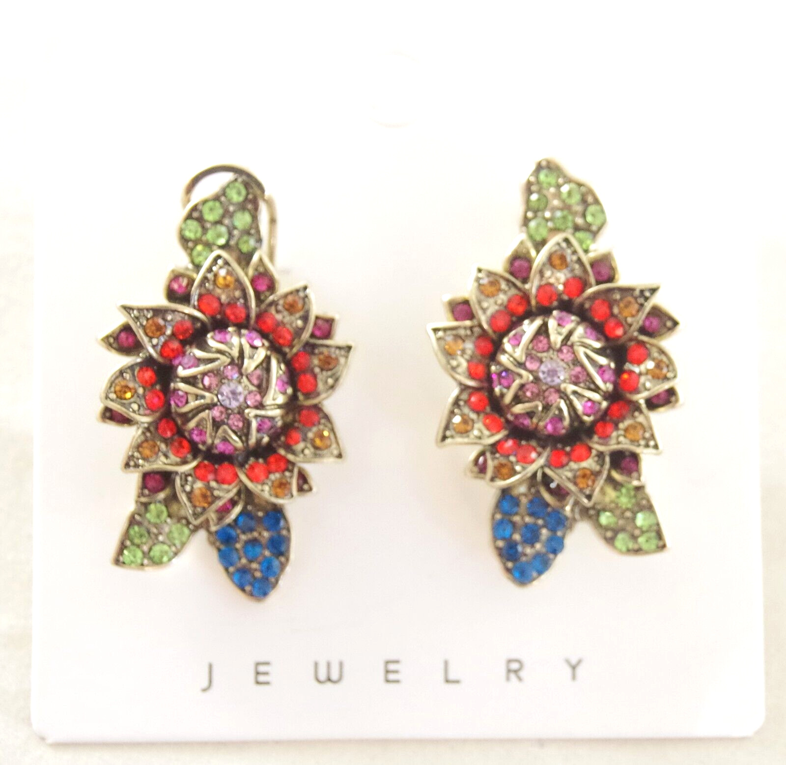 1 5/8″ DESIGNER STYLE MOODY HUES CRYSTAL RHINESTONE CABBAGE ROSE FLOWER EARRINGS