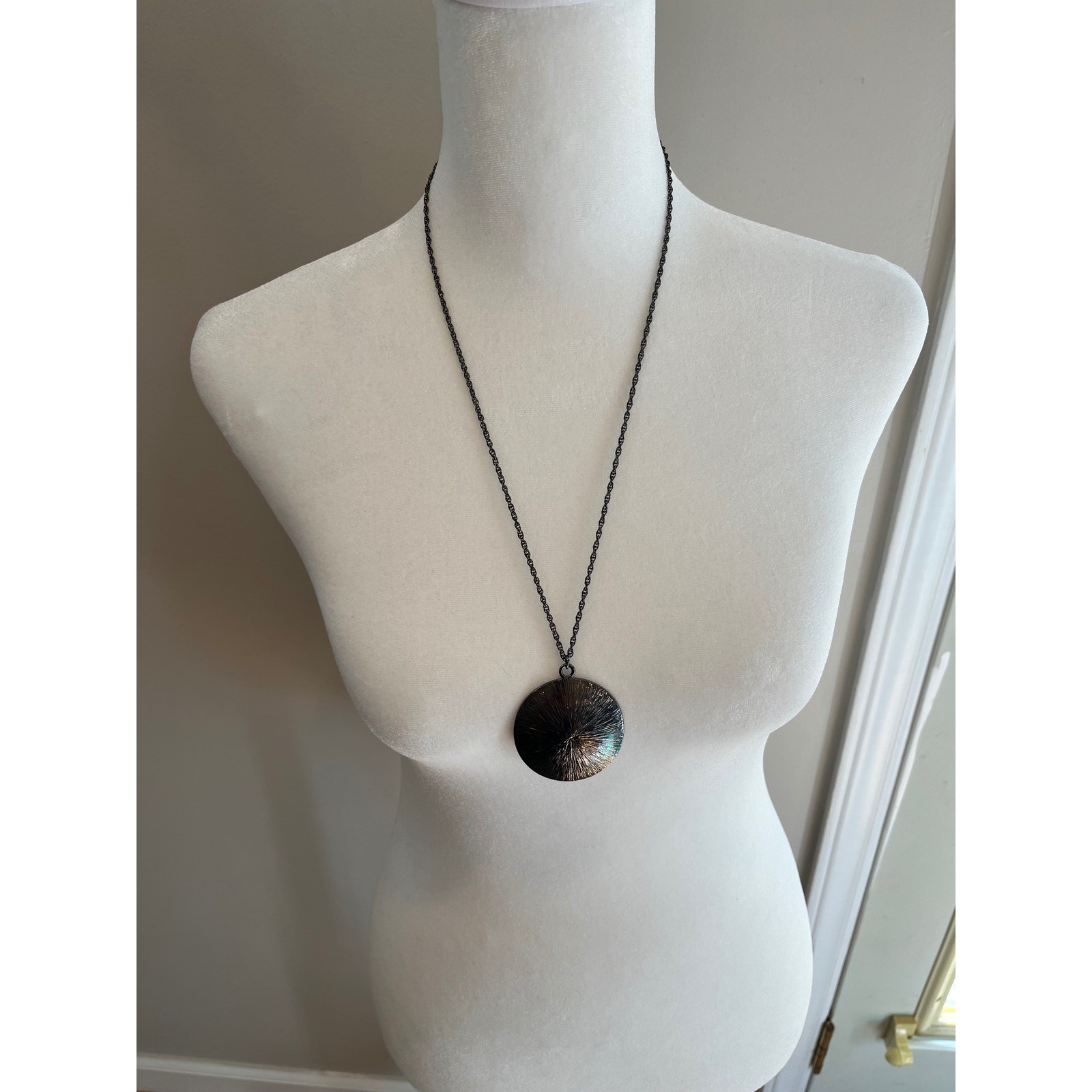 Gunmetal Sunburst Round Pendant Necklace Textured Dark Metallic Statement Jewelr