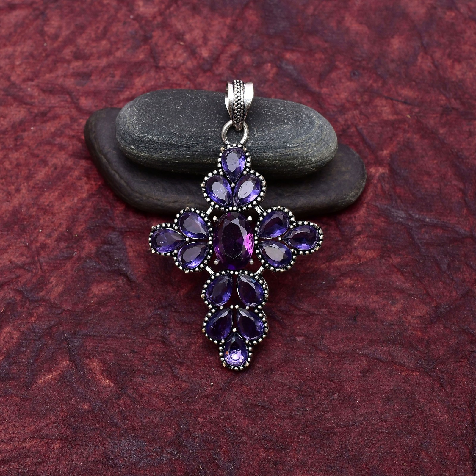 Amethyst Gemstone 925 sterling silver Handmade Cross Pendant jewelry 2.75″