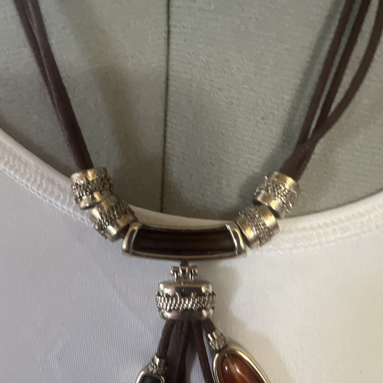Chico’s Brown Faux Leather Cord Necklace, Silver Tone Asymmetrical Drop Pendant