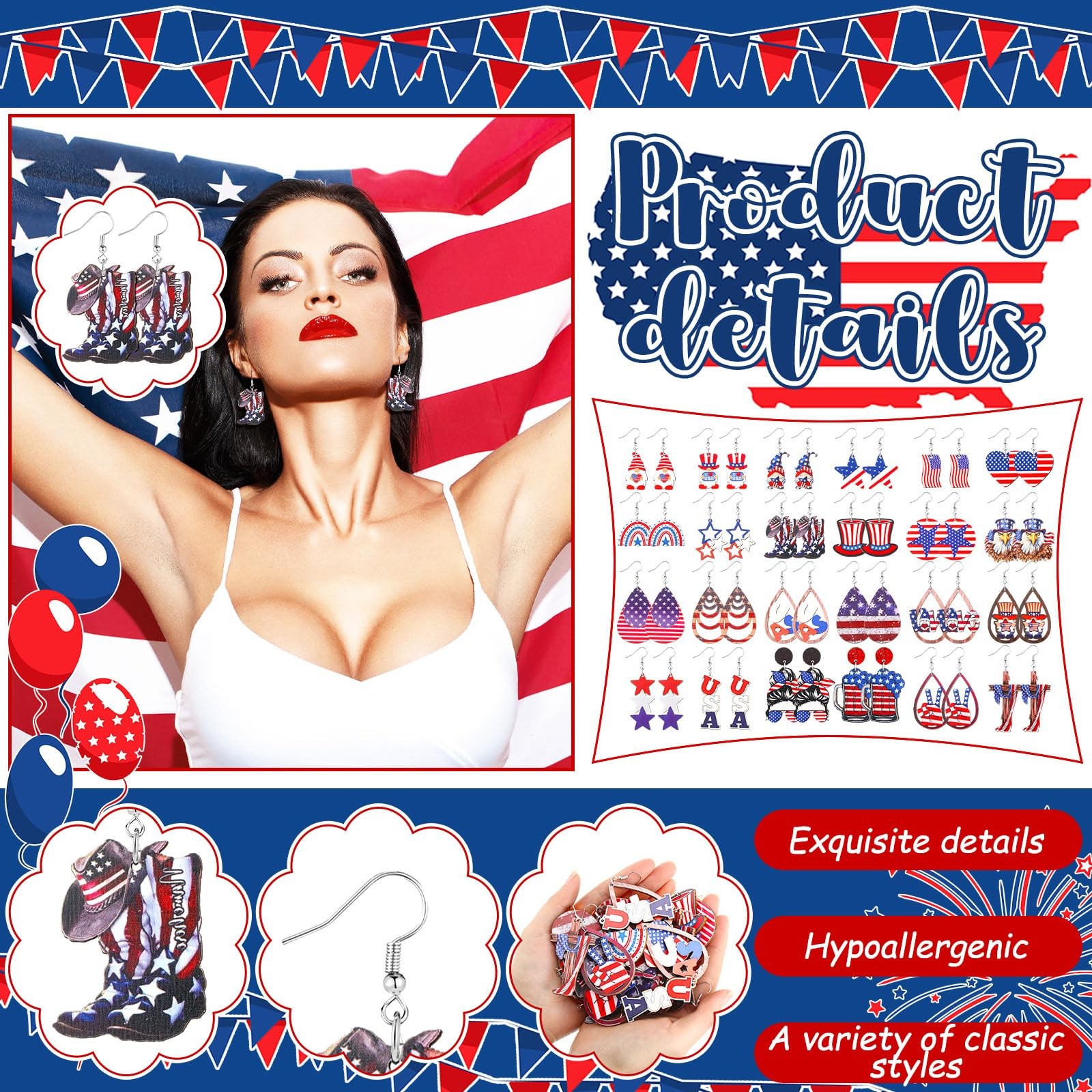 24 Pairs Acrylic Independence Day Earrings Bulk 250th Anniversary 4th of July…