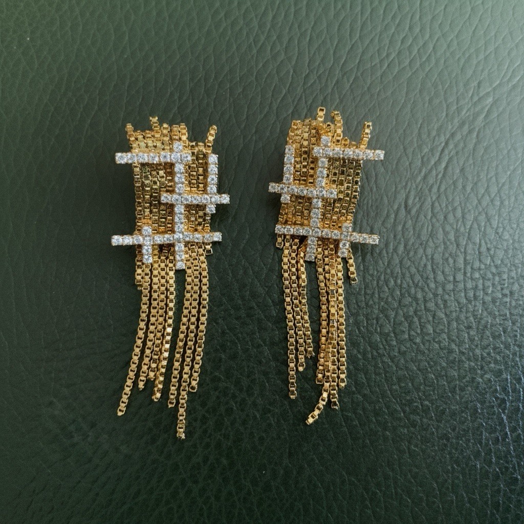 Goddess Gold Earrings Solanales Stud Chain Tassel Fringe Crystal CZ Art Deco VTG