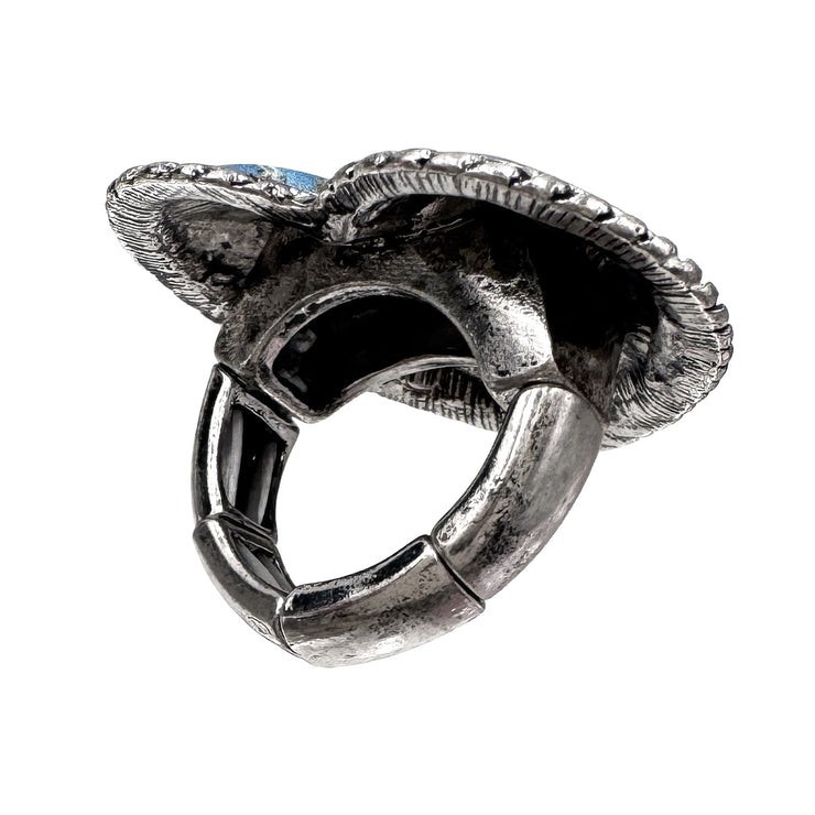 Adjustable Heart Turquoise Bezel Band Ring Silver Tone Blue Stone Love Theme