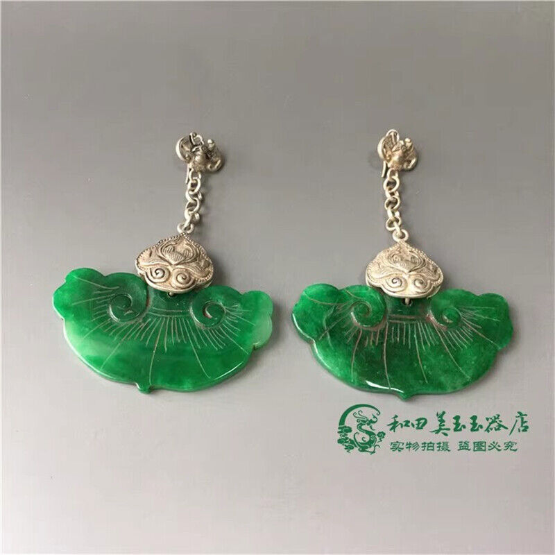 Chinese Antique Tibetan Silver Inlaid Natural Jade Earrings Lucky Jewelry Gifts
