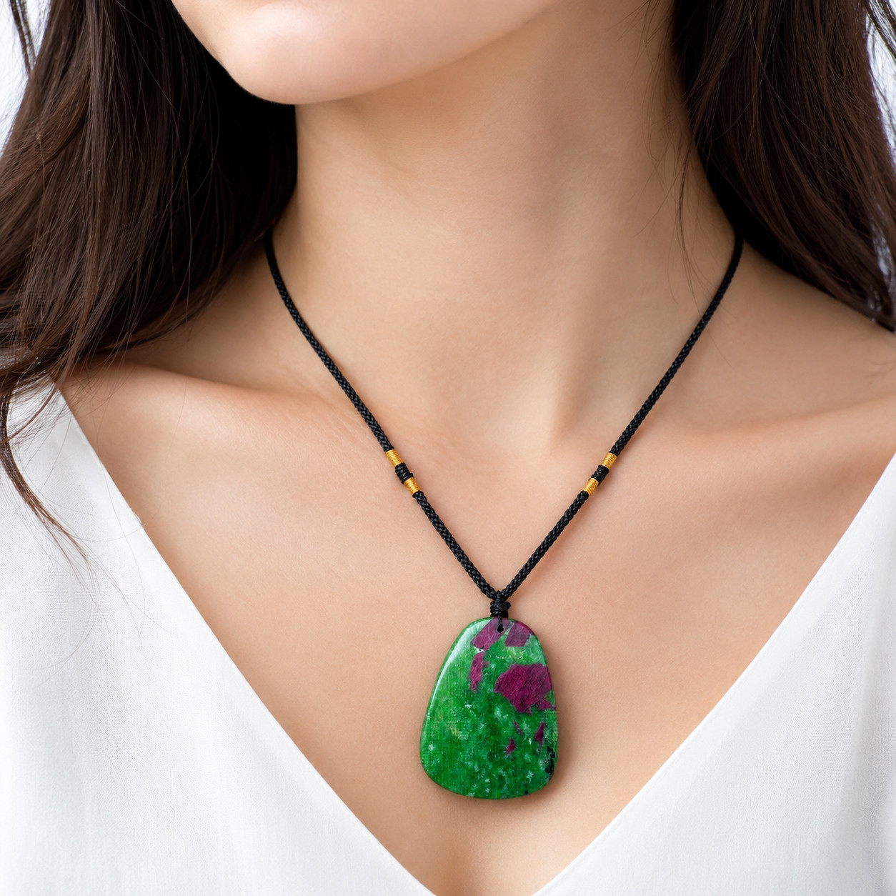 Ruby Zoisite Necklace Anyolite Crystal Pendant Adjustable Cord Healing Stone