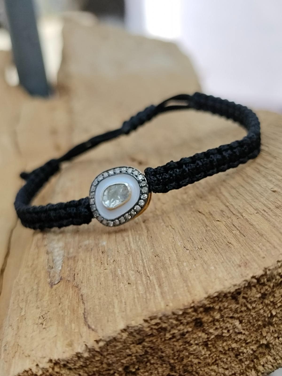 Natural Diamond White Enamel And Diamond Polki Adjustable Black Thread Bracelet.
