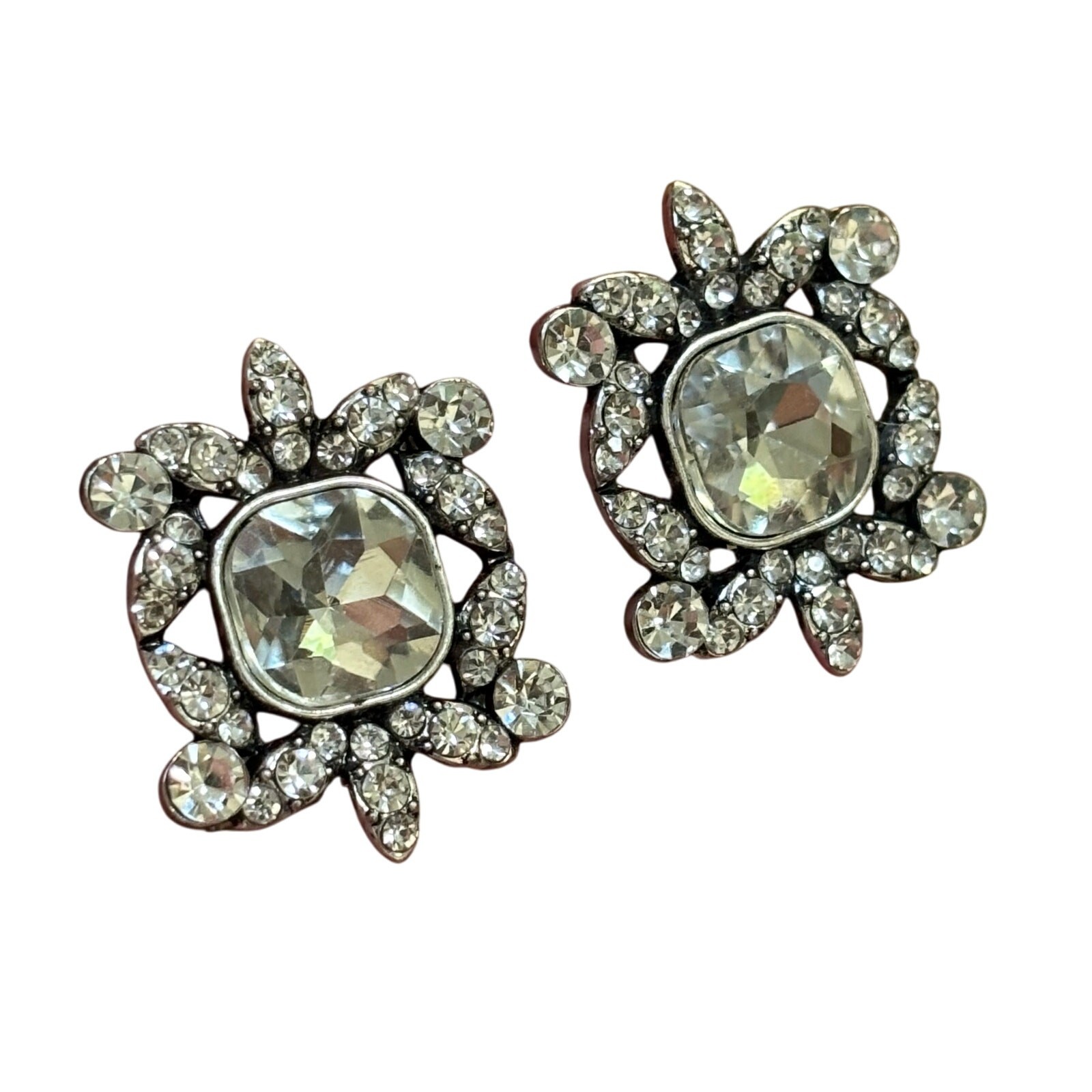 Vintage mid century clip on earrings silver & clear white rhinestones squares