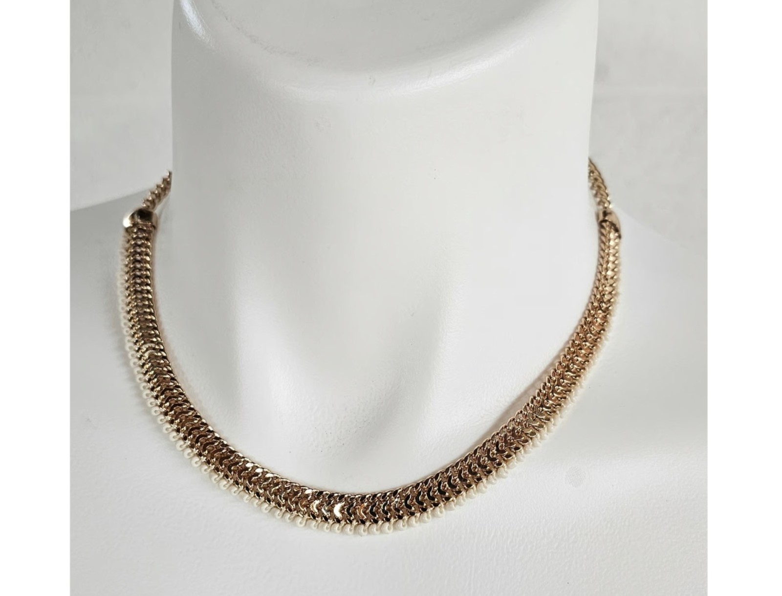Elegant Gold-Tone Chevron Chain Necklace & Bracelet Set with White Seed Beads