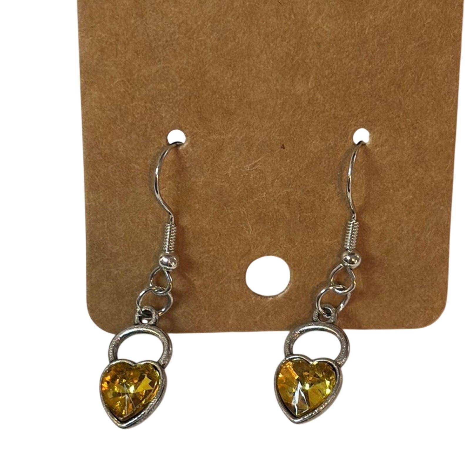Yellow Heart Necklace Earring Set Silver Tone Glass Crystal 16” Cute Gift