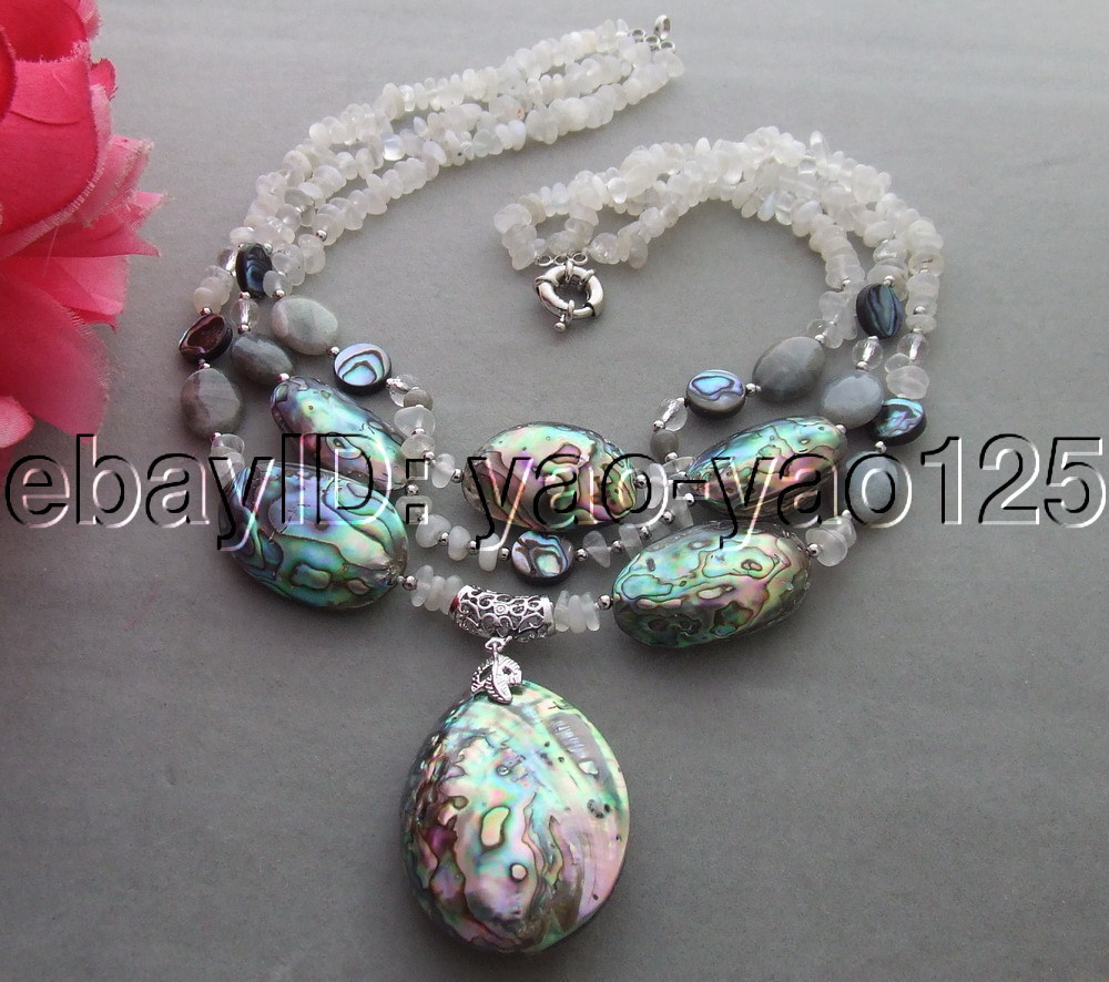 3rows white Moonstone Abalone Shell labradorite Necklace 18″