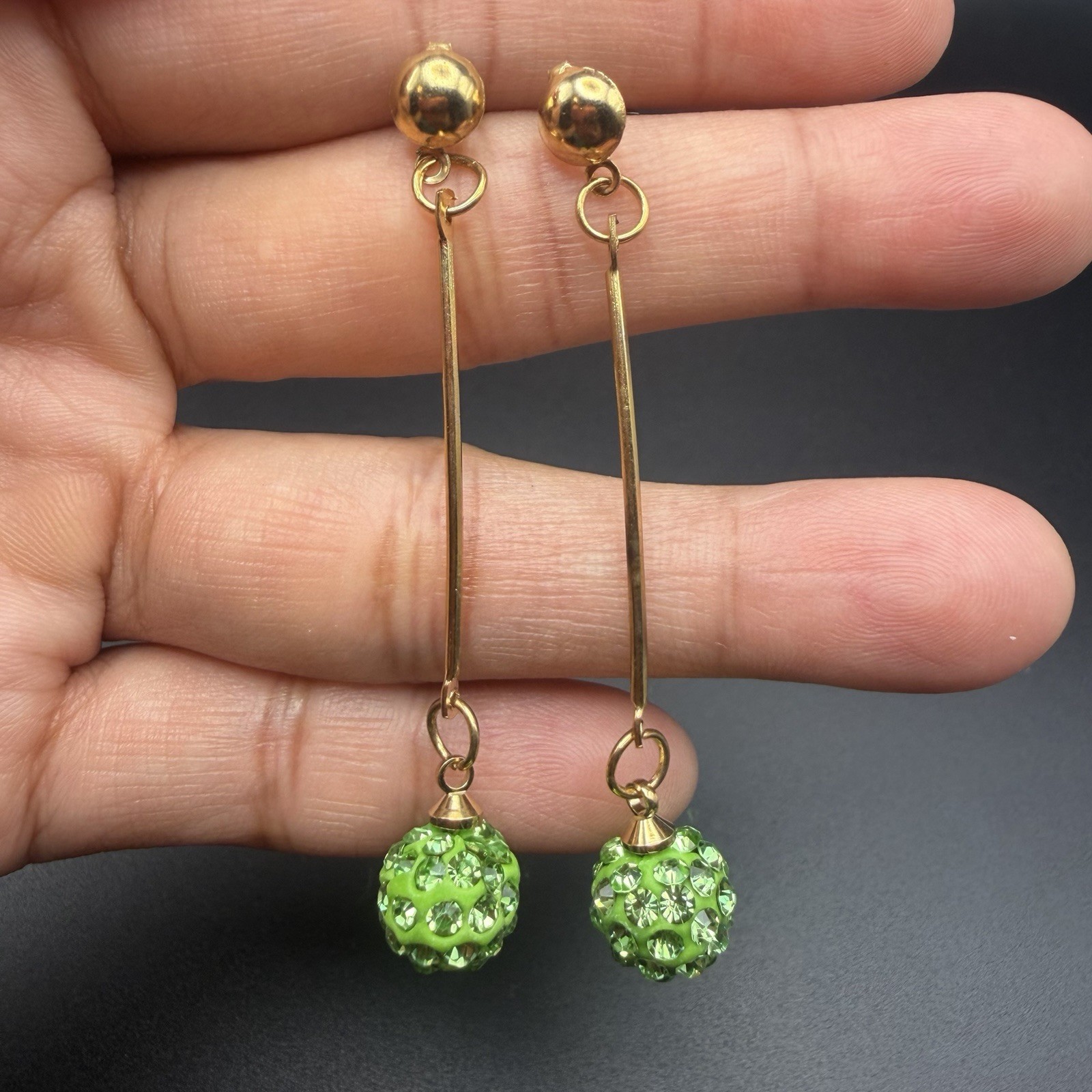Pin Hook Earrings Womens Green Pave Balls GOLDTONE Jewelry Gift Brand New