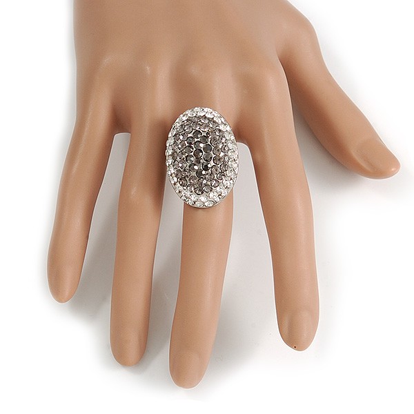 Oval Dome Shape Clear/ Grey Crystal Ring In Silver Tone Metal – 30mm Long – 7/8