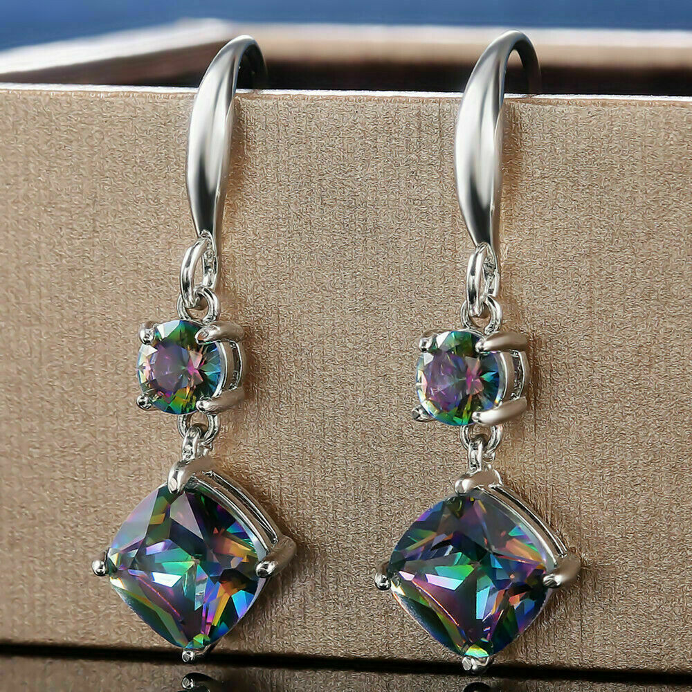 Elegant Handmade Rainbow Mystical Fire Topaz 925 Sterling Silver Hook Earrings