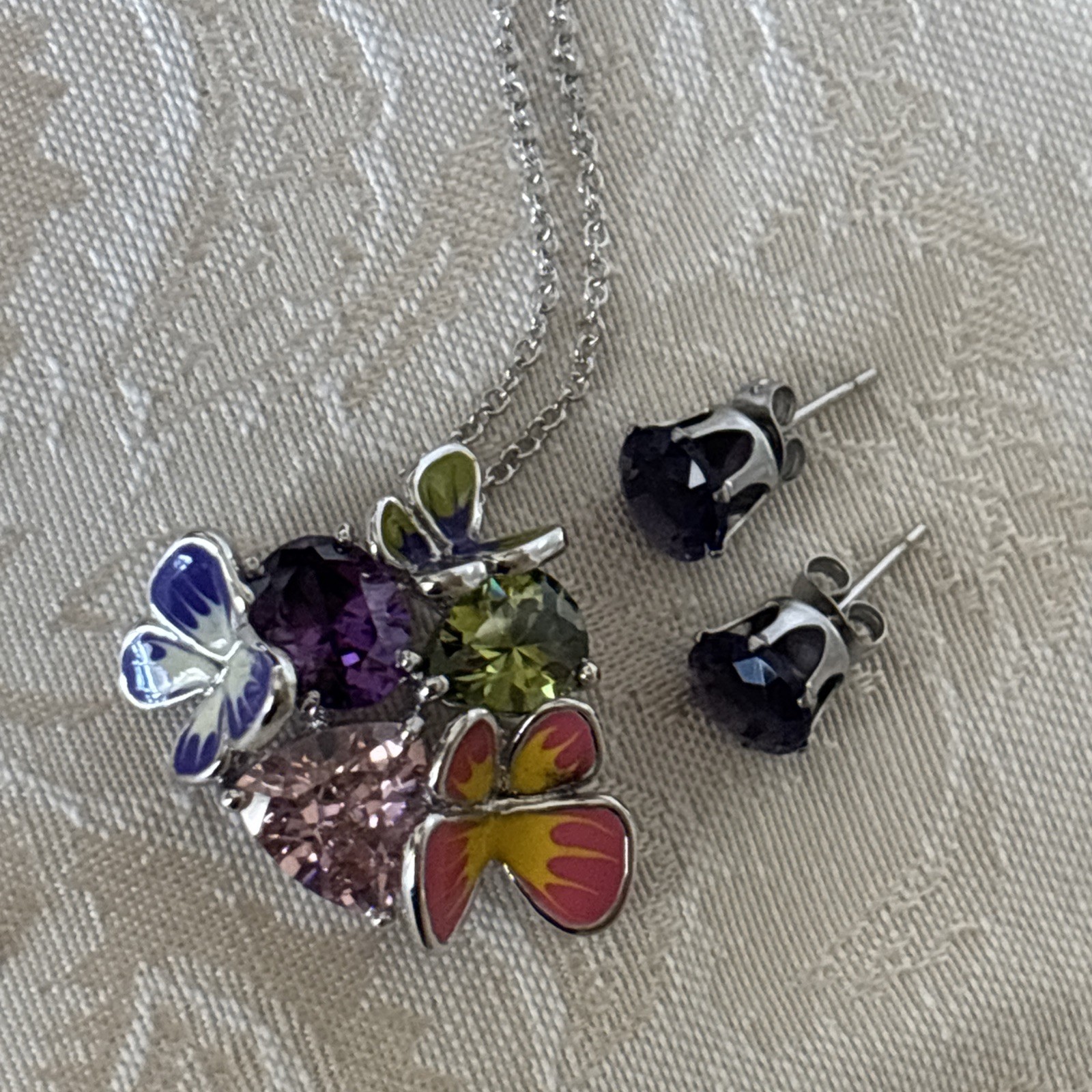 Park Lane Fairytale Pendant 16-18” Silver Tone Purple Pink Green Butterfly & Bns