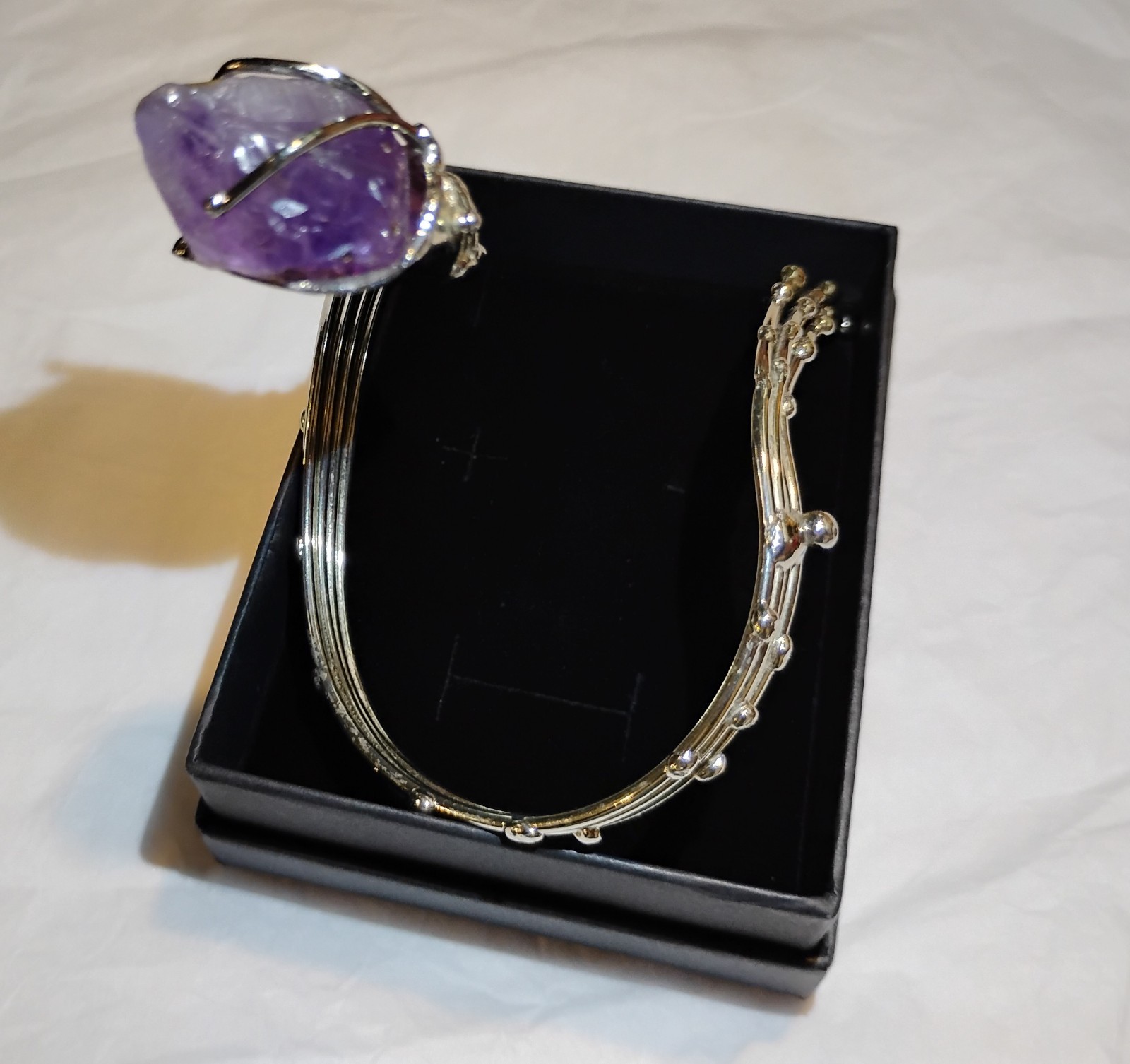 Raw Amethyst Point Silver Tone Brutalist Sculptural Wrap Bracelet