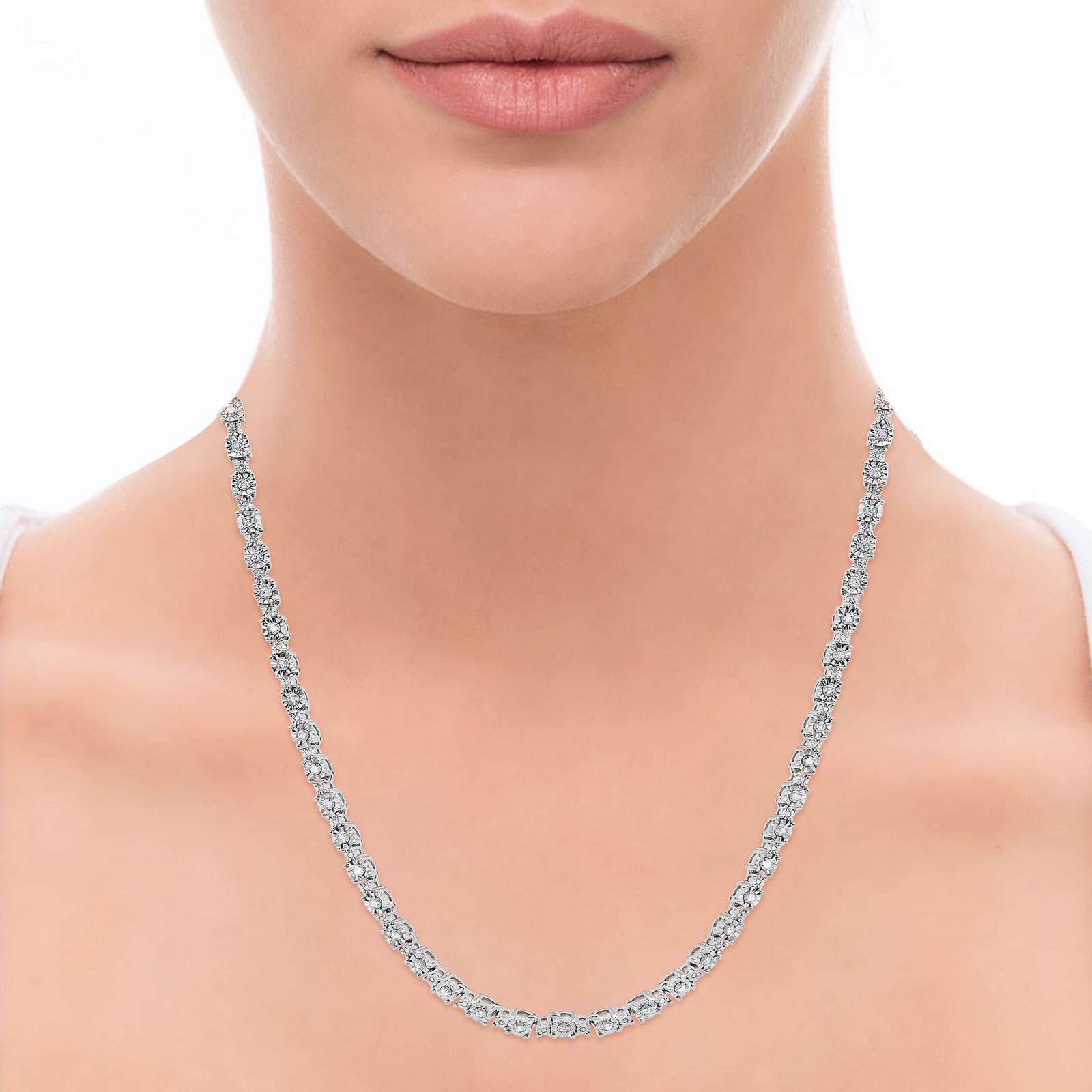 1.00 Ct Illusion Set Round Cut Diamond Tennis Necklace in Sterling Silver