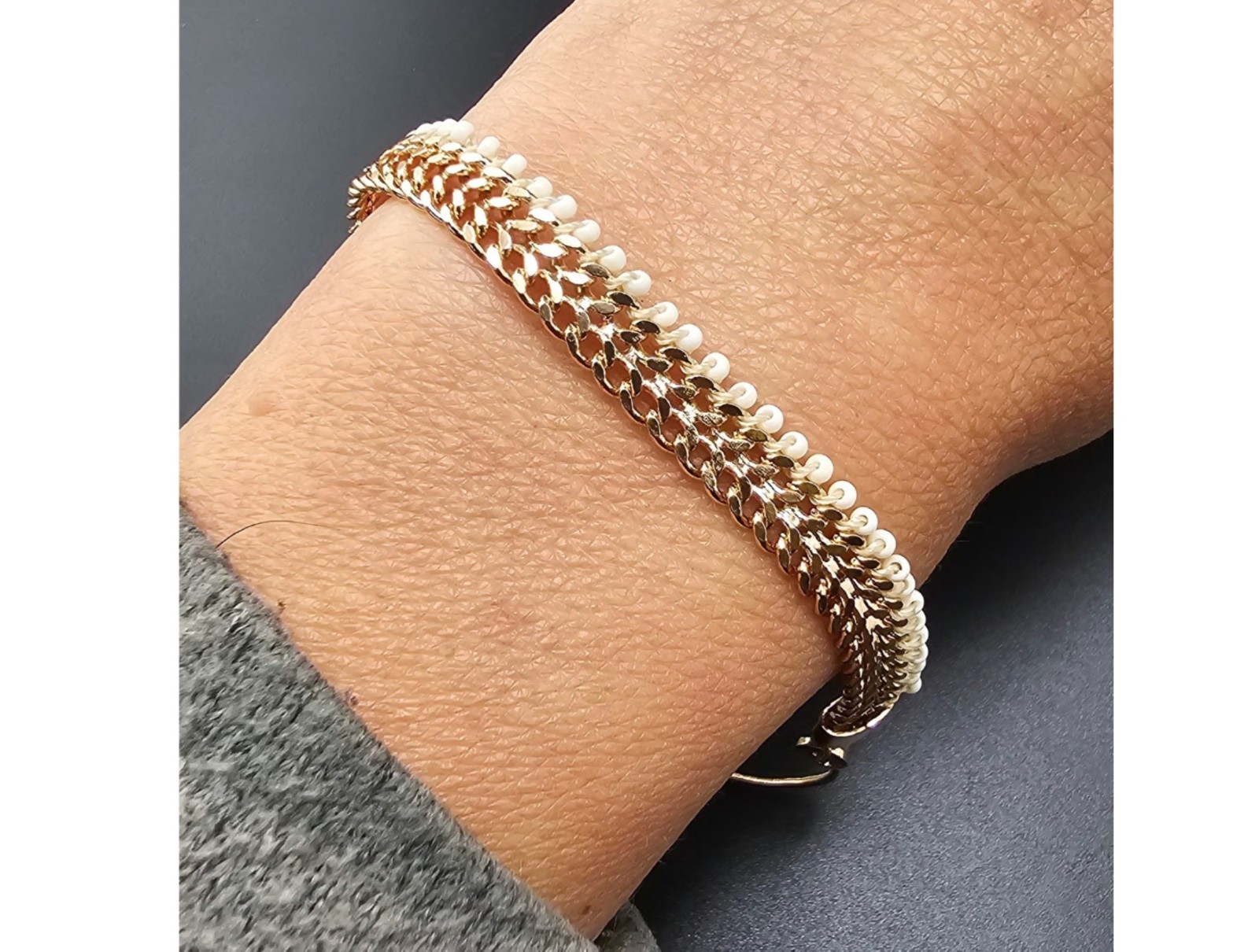 Elegant Gold-Tone Chevron Chain Necklace & Bracelet Set with White Seed Beads