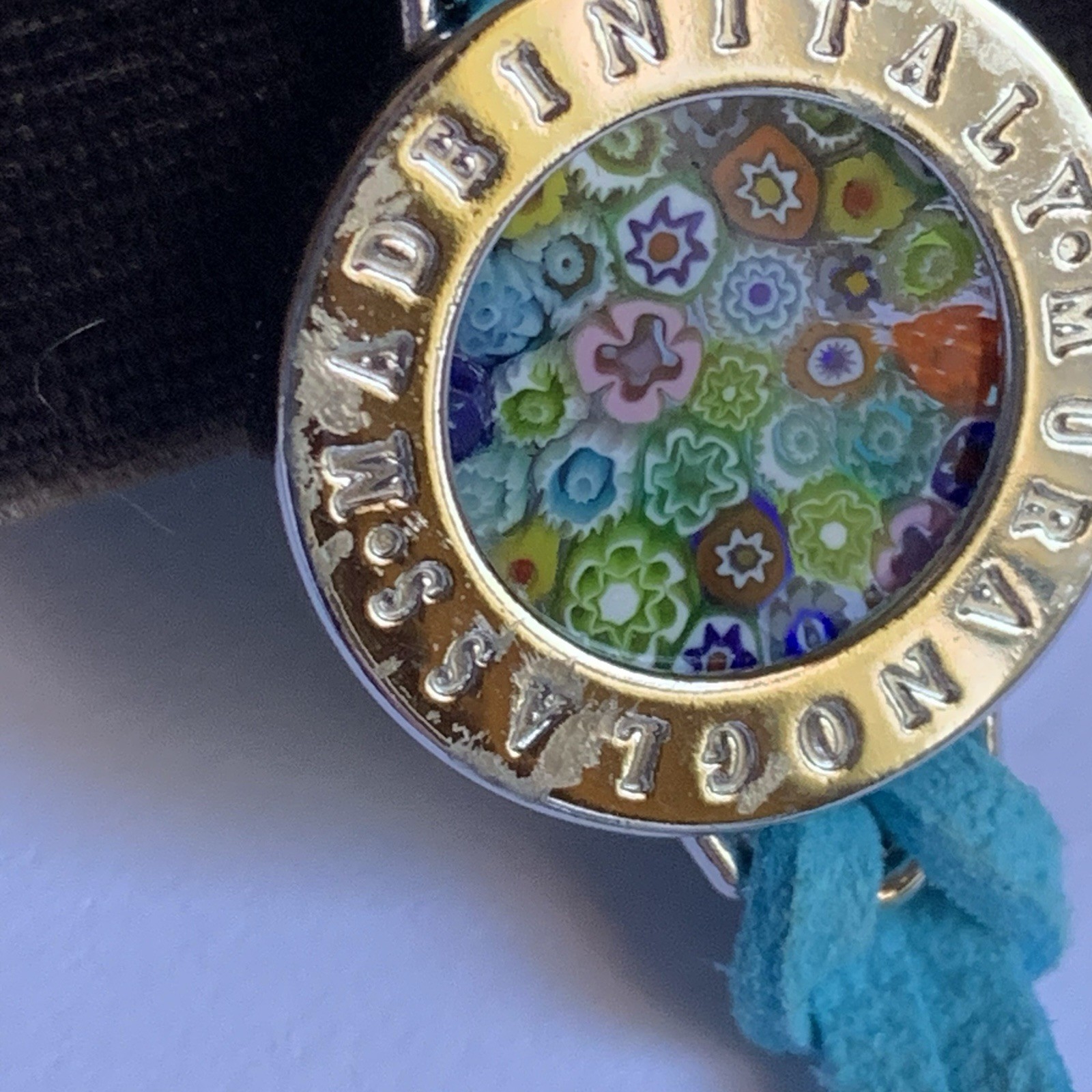 Murano Glass Millefiori Round Made in Italy 7-8 Inch on blue leather cord