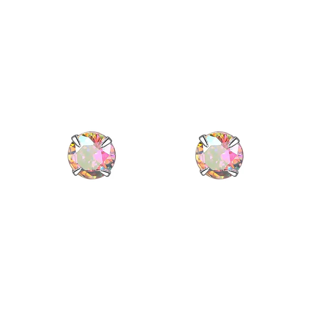 S925 Sterling Silver AB Crystal Round Stud Earrings Tiny Women Girls Jewellery