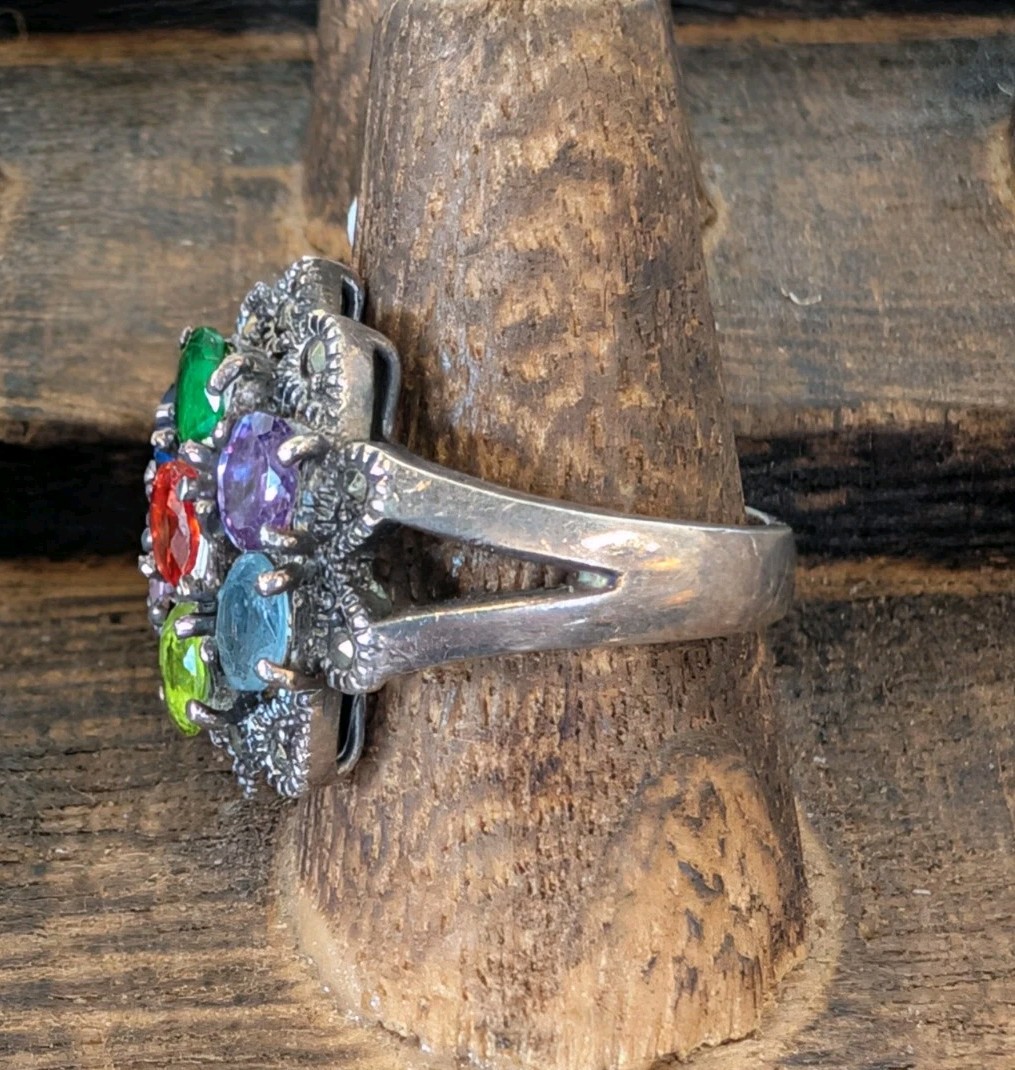 925 STERLING SILVER SZ 6.5 MULTI COLOR STONES FLORAL RING MARCASITE