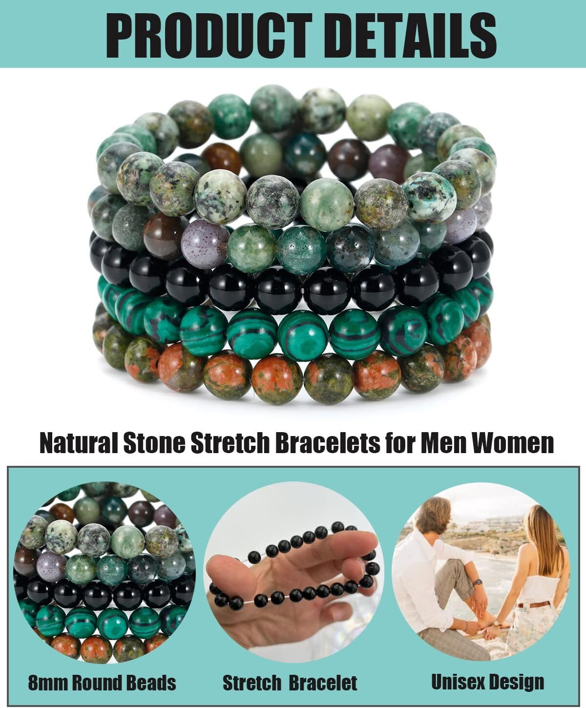Semi-Precious Gem Bracelet Round Beaded Stretch Bracelets Stress Relief Bangle