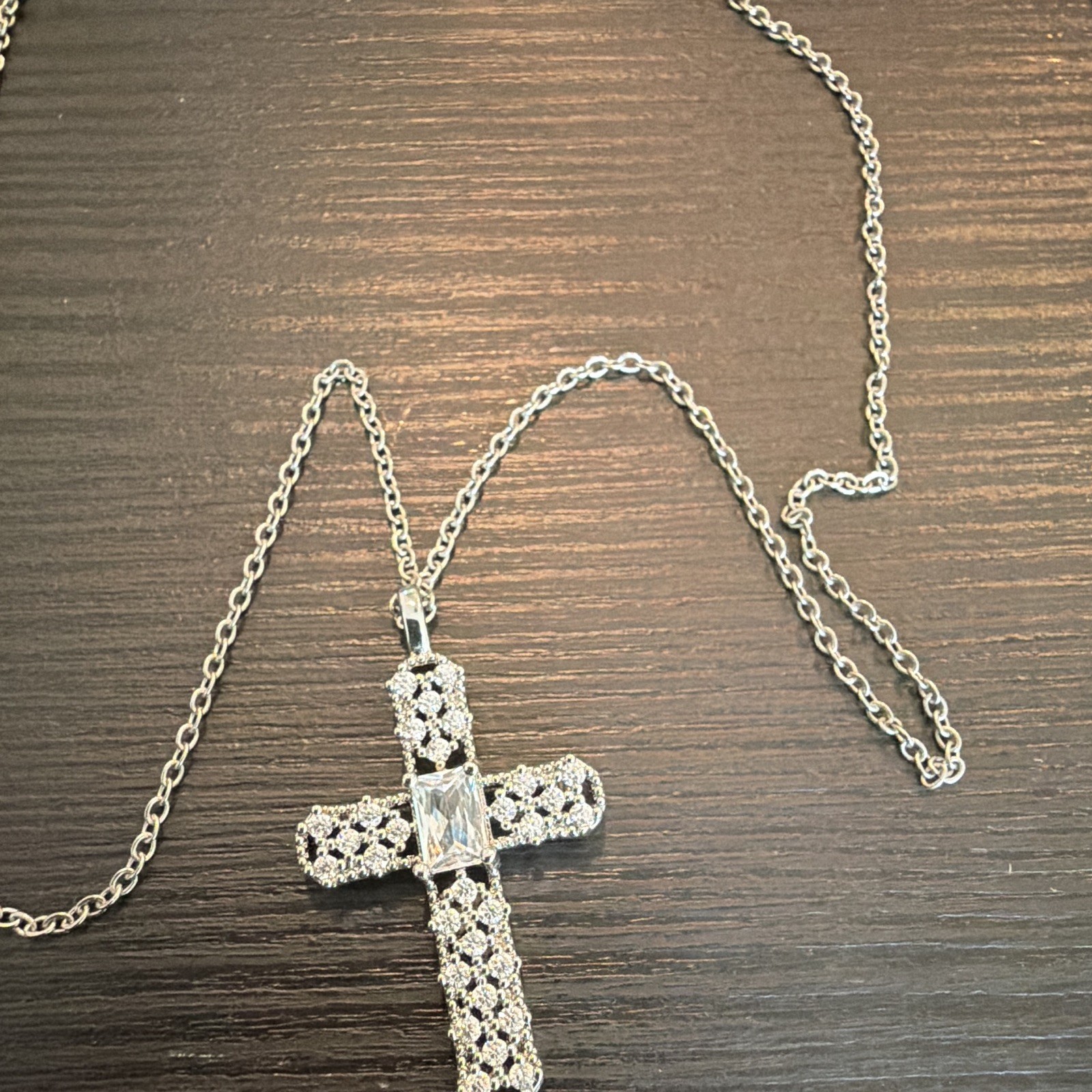 Cable Chain Cross Pendant Necklace Silver Tone, Lobster Clasp, Crystal